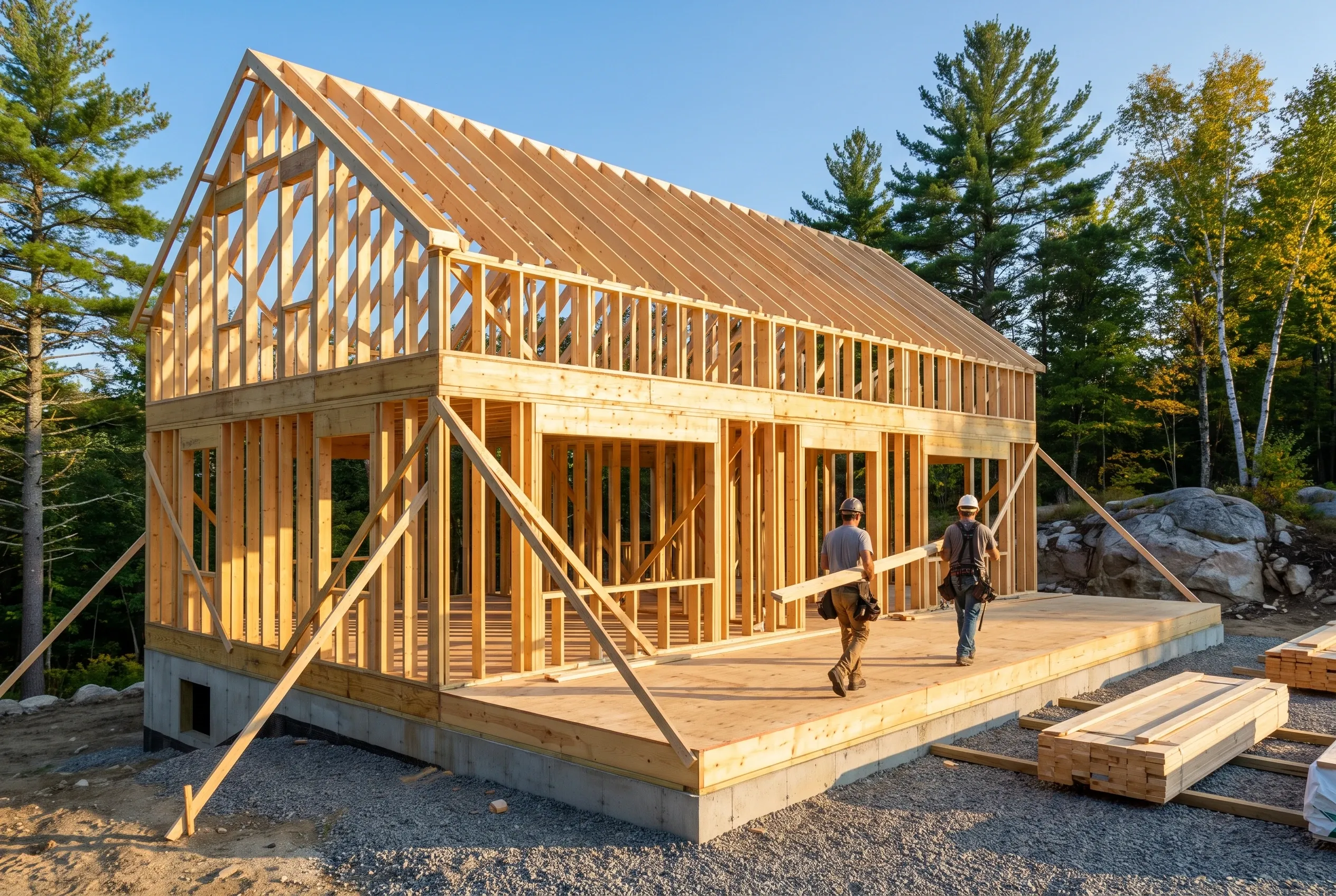 Two carpenters framing a new custom home in Central Maine, seen from a distance