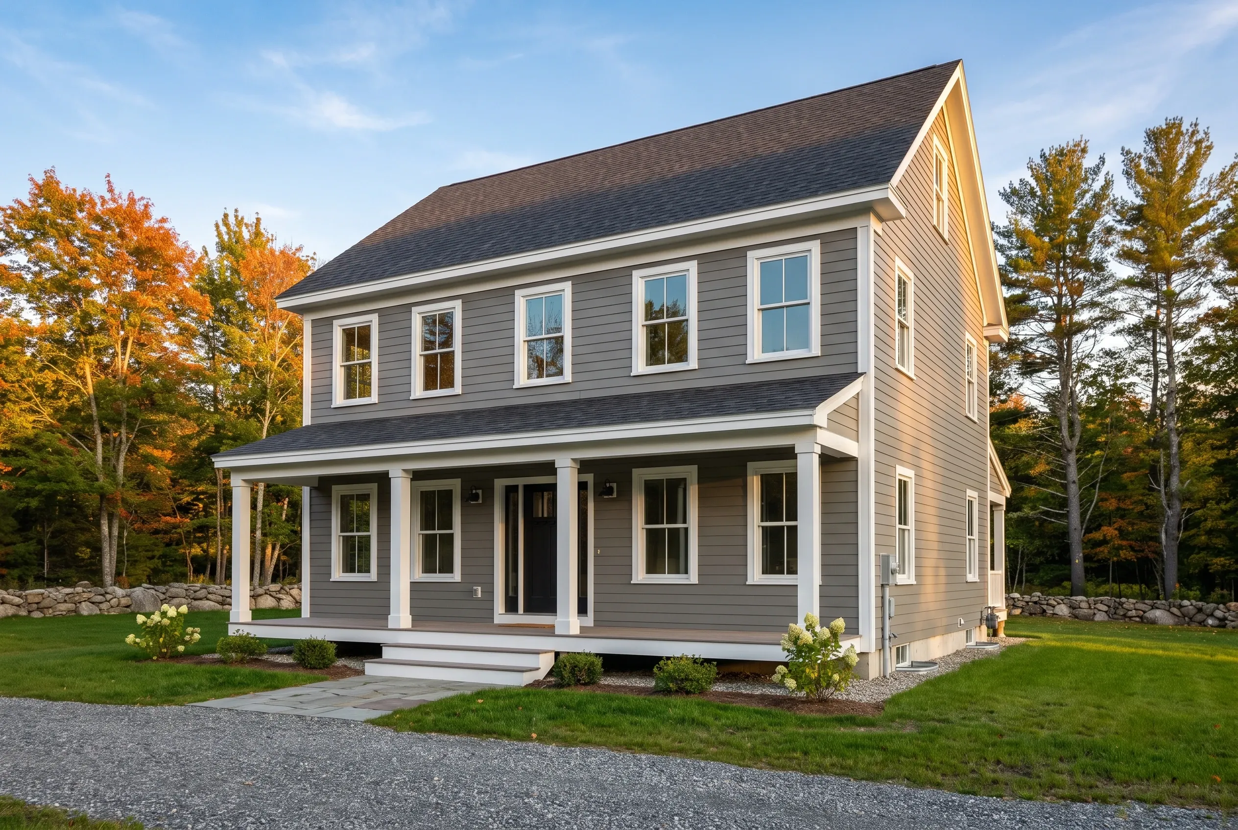 A finished two-story farmhouse-style custom home with a covered front porch in Central Maine