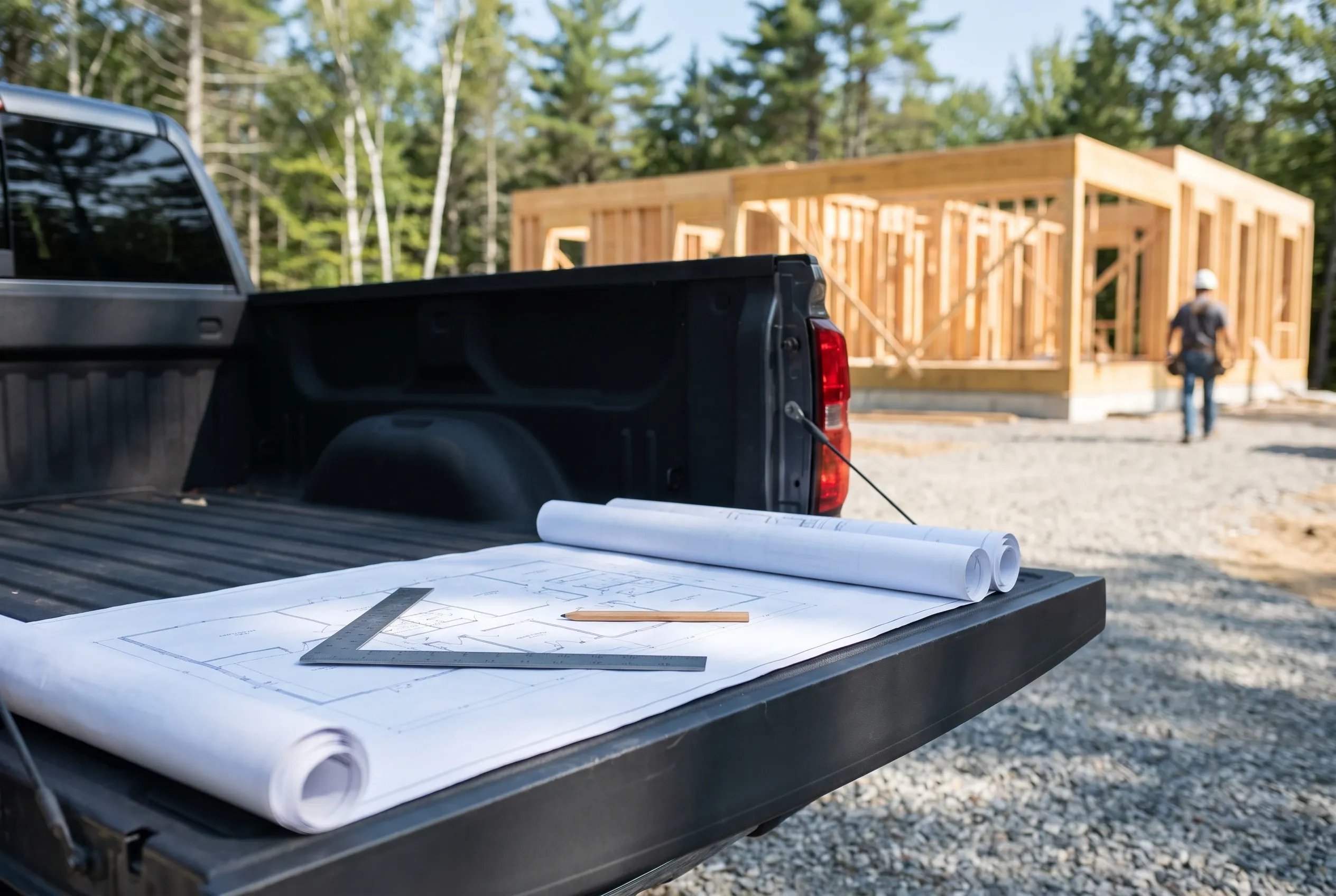 Construction drawings, a pencil and a framing square spread on a pickup tailgate at a Central Maine job site