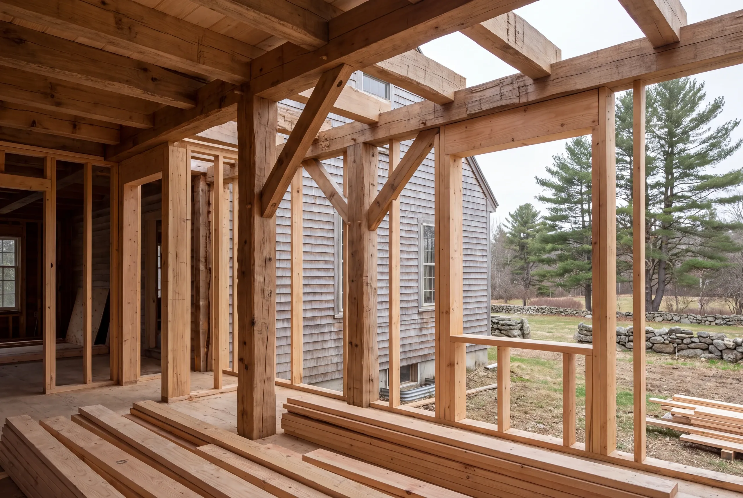 Hand-hewn framing exposed behind an Alna bathroom wall