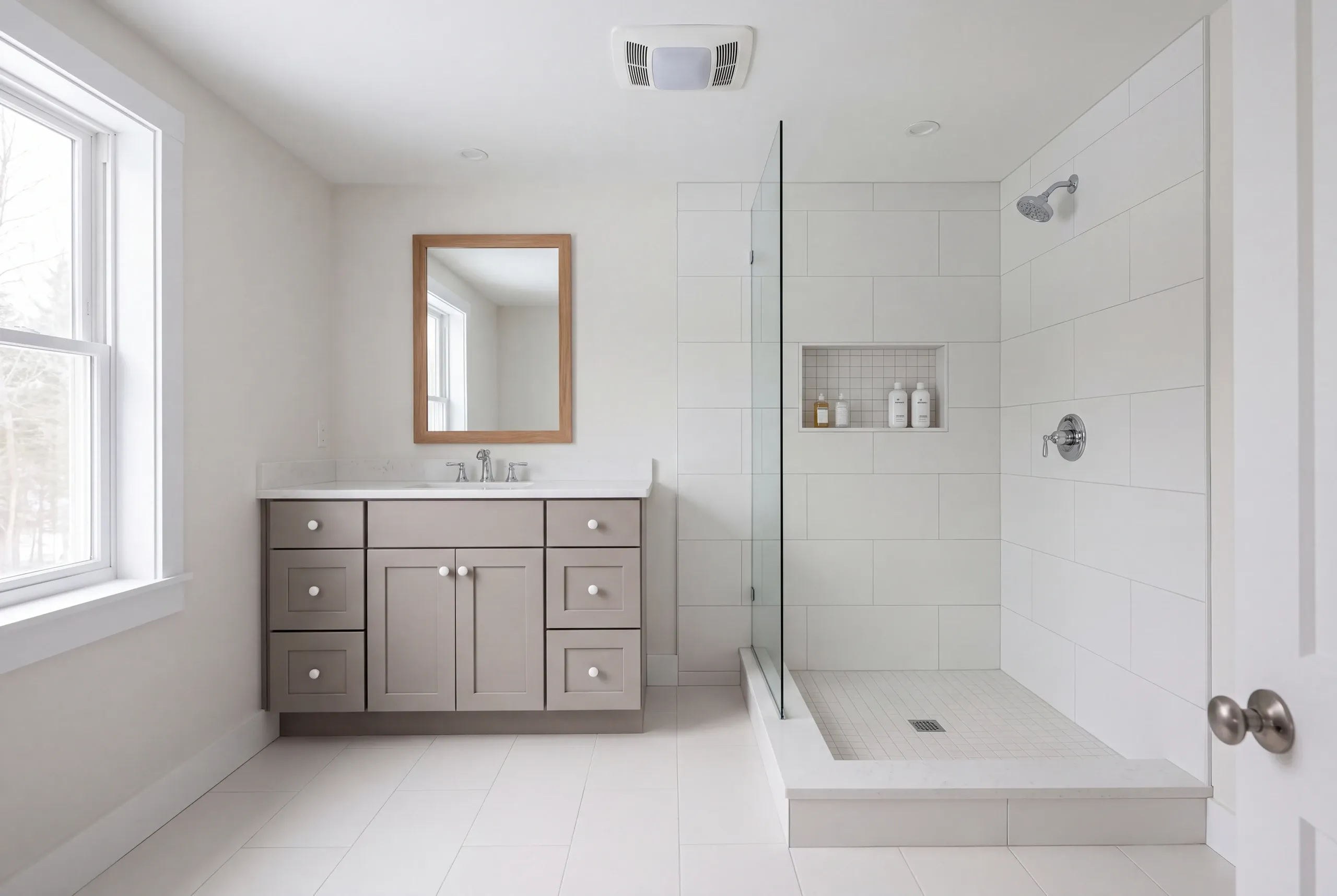 Finished Alna bathroom with the vanity and tiled shower in view