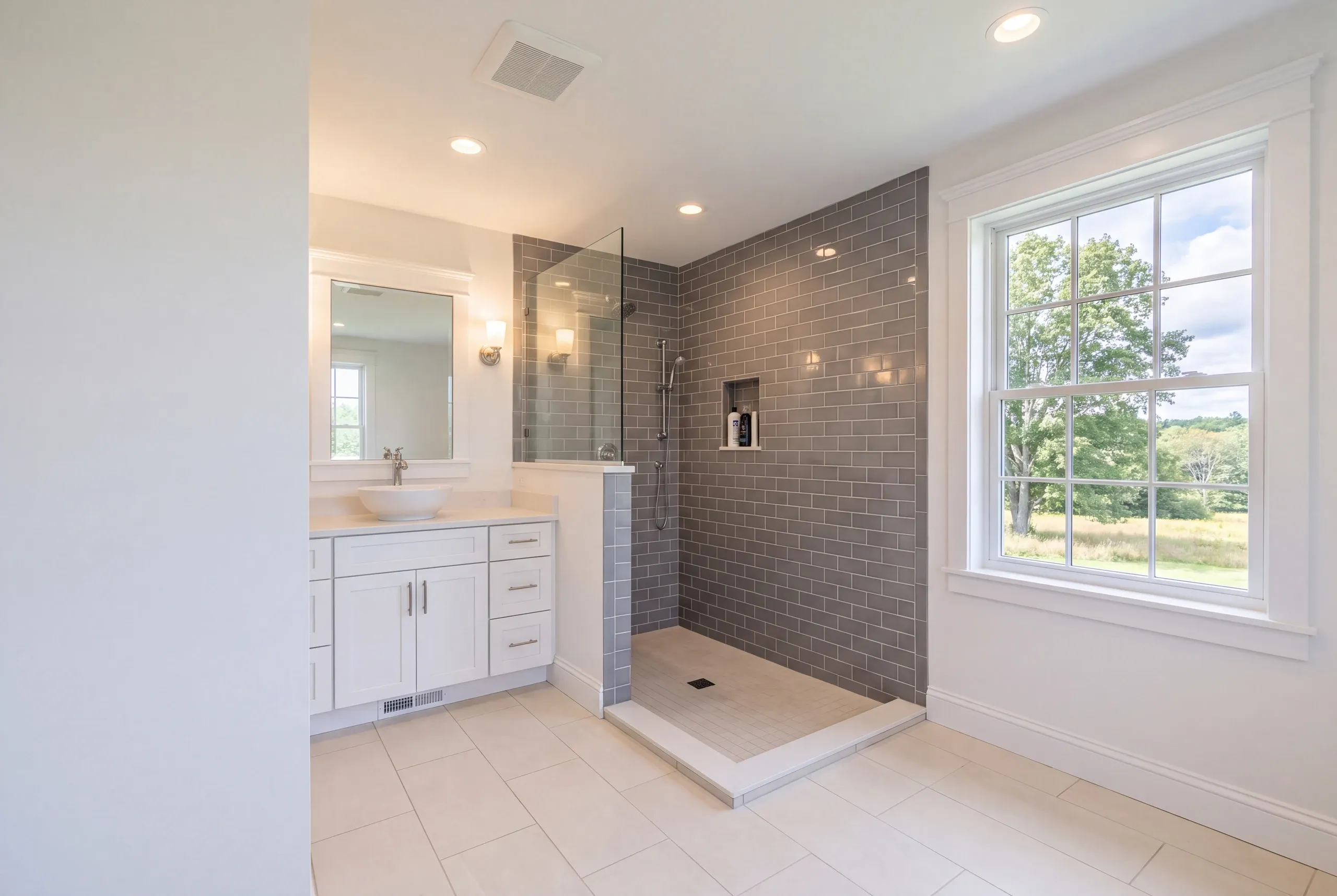 Finished bathroom in an Alna, Maine home, wide interior view