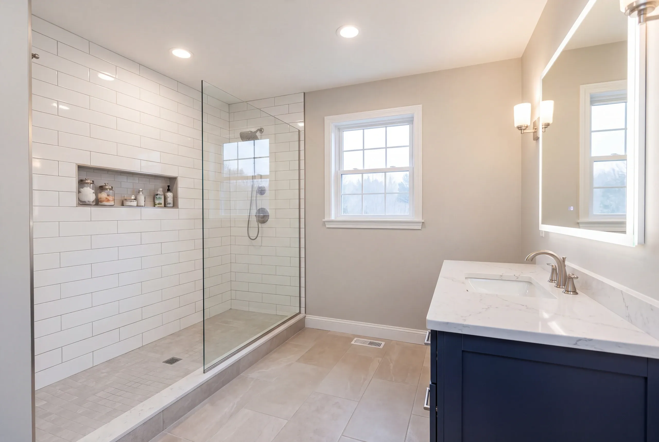 Bathroom remodeling Auburn, ME project with a new tiled shower in a hillside home
