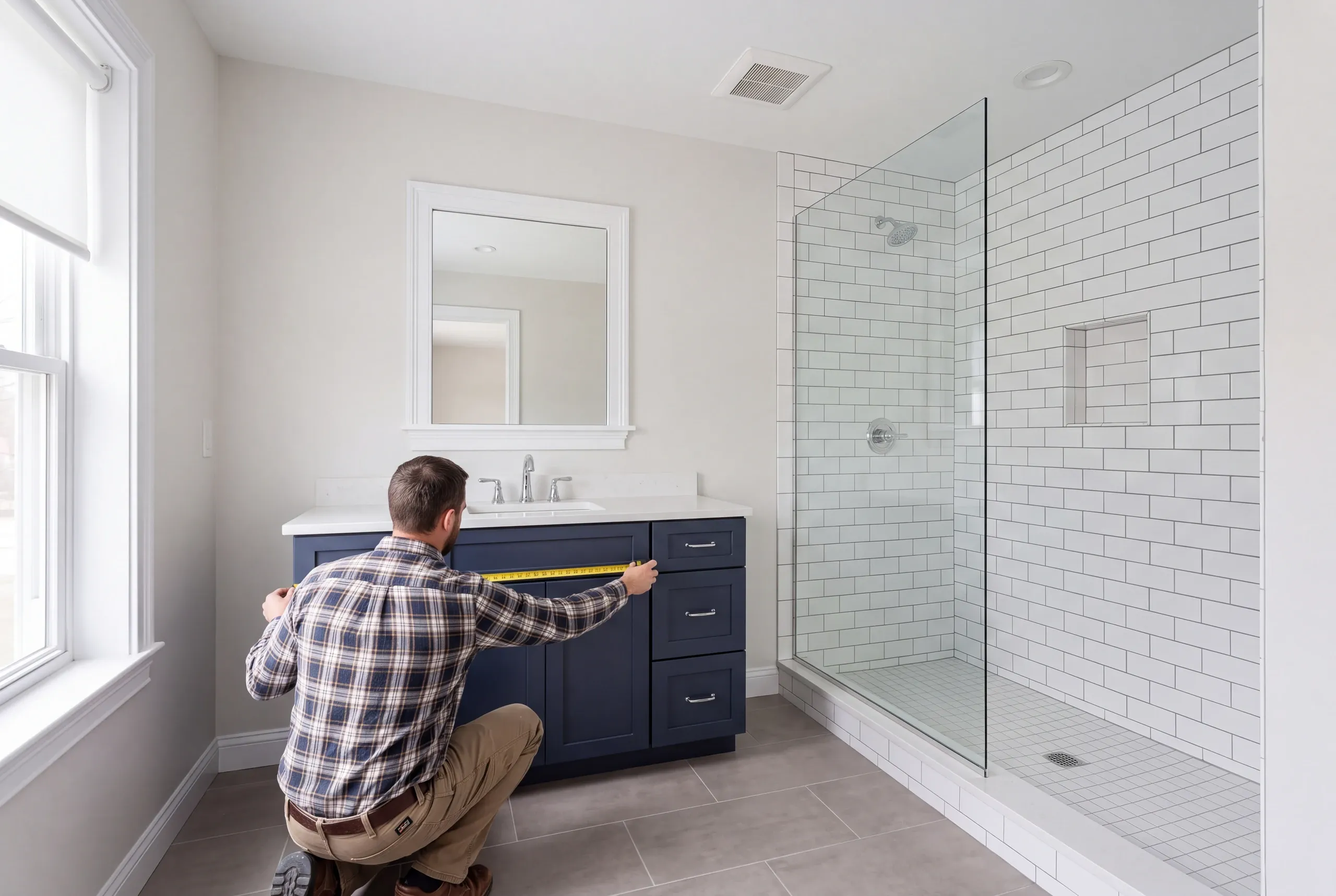 Newman Homes estimator measuring an Auburn bathroom before pricing