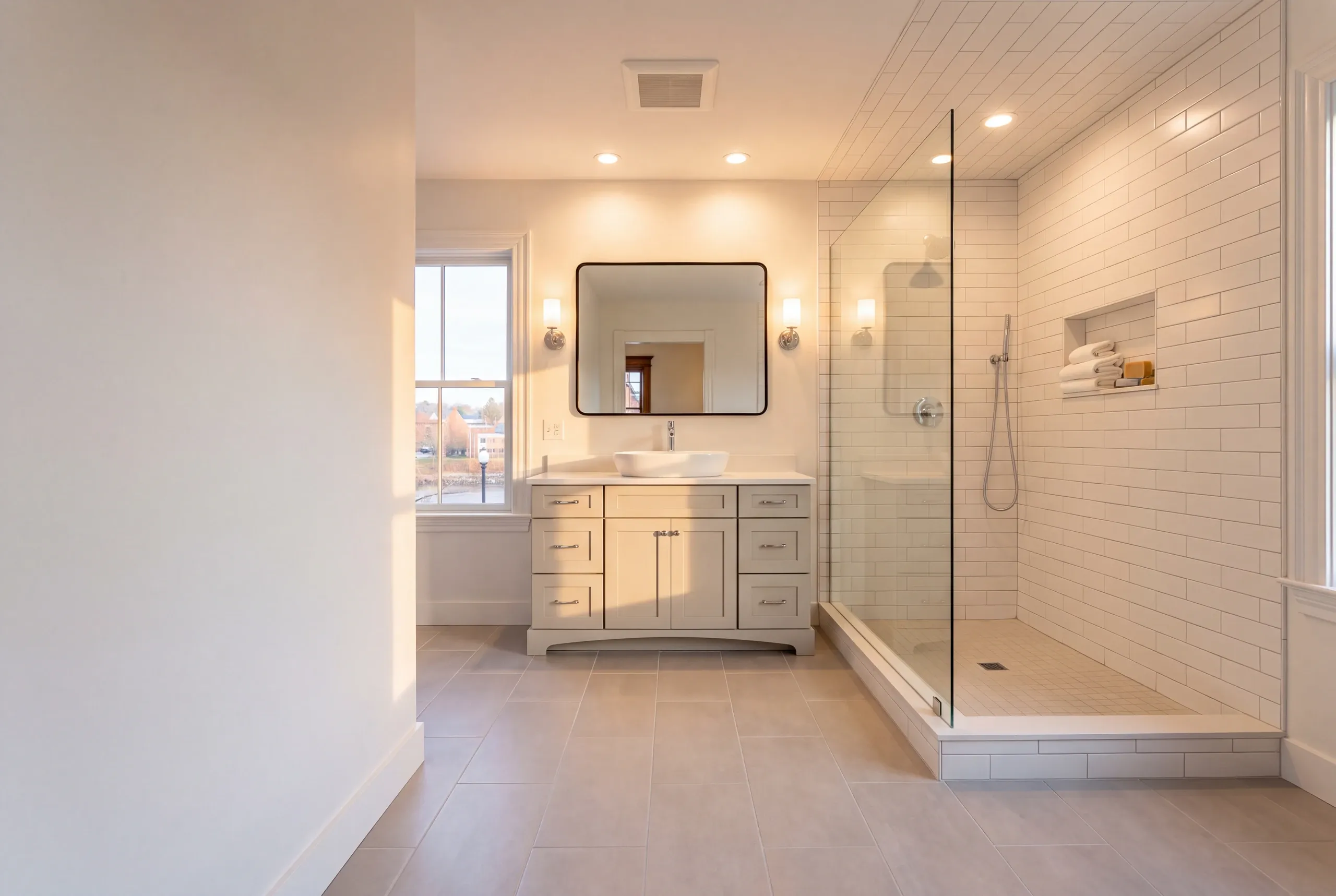 Finished bathroom in an Auburn, Maine home, wide interior view