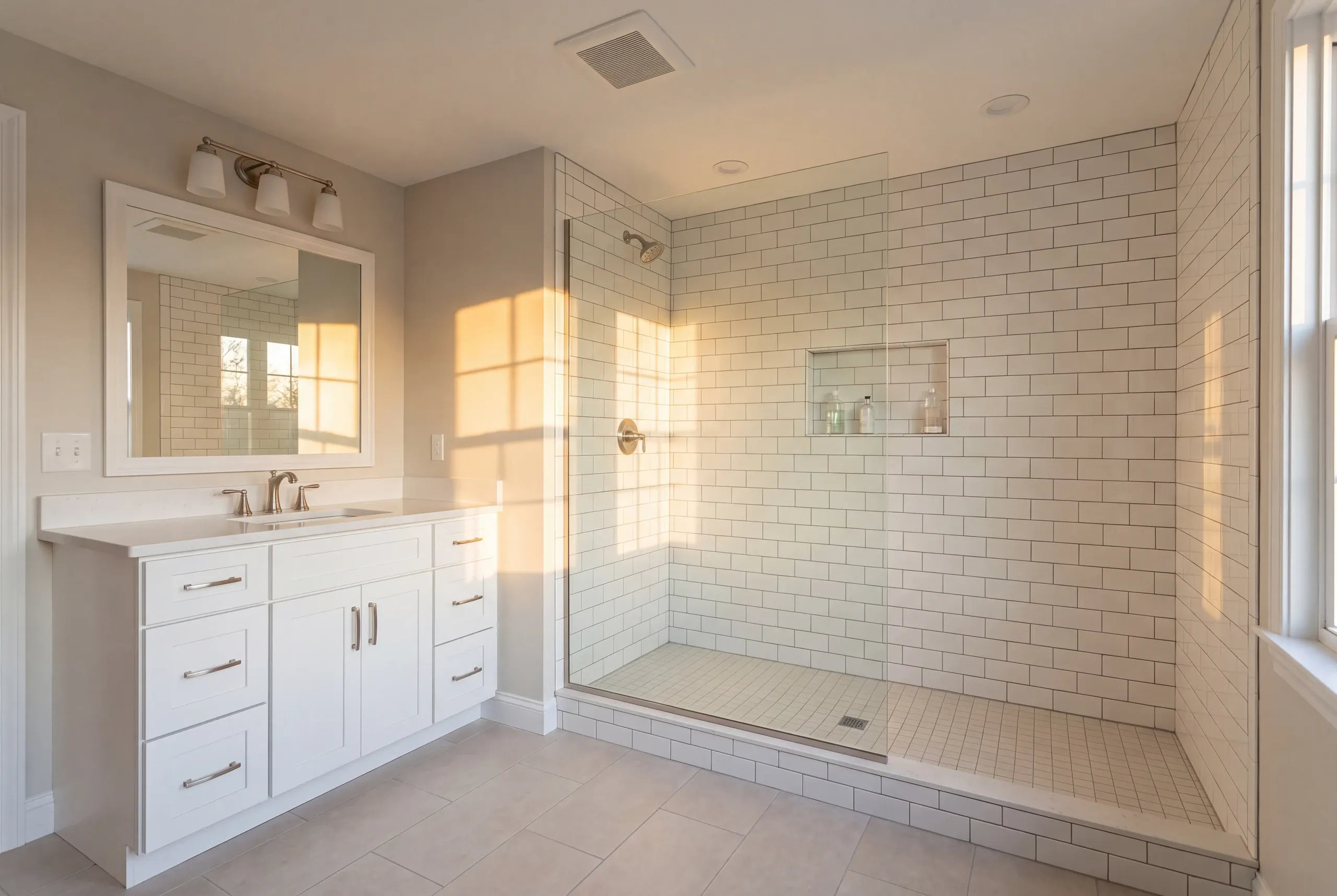 Newman Homes estimator measuring an existing Augusta bathroom before pricing
