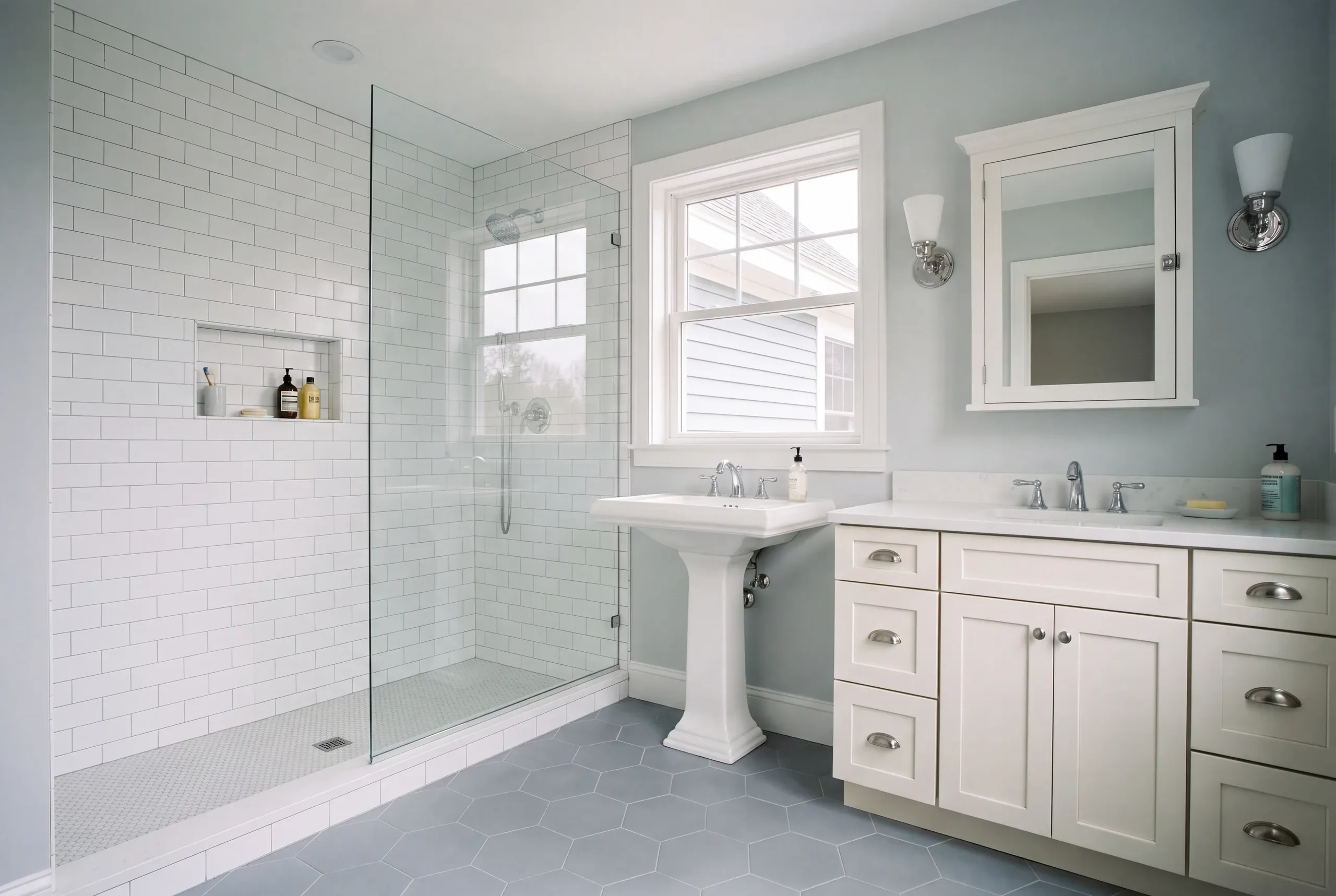 Finished curbless tiled shower with glass enclosure in an Augusta home