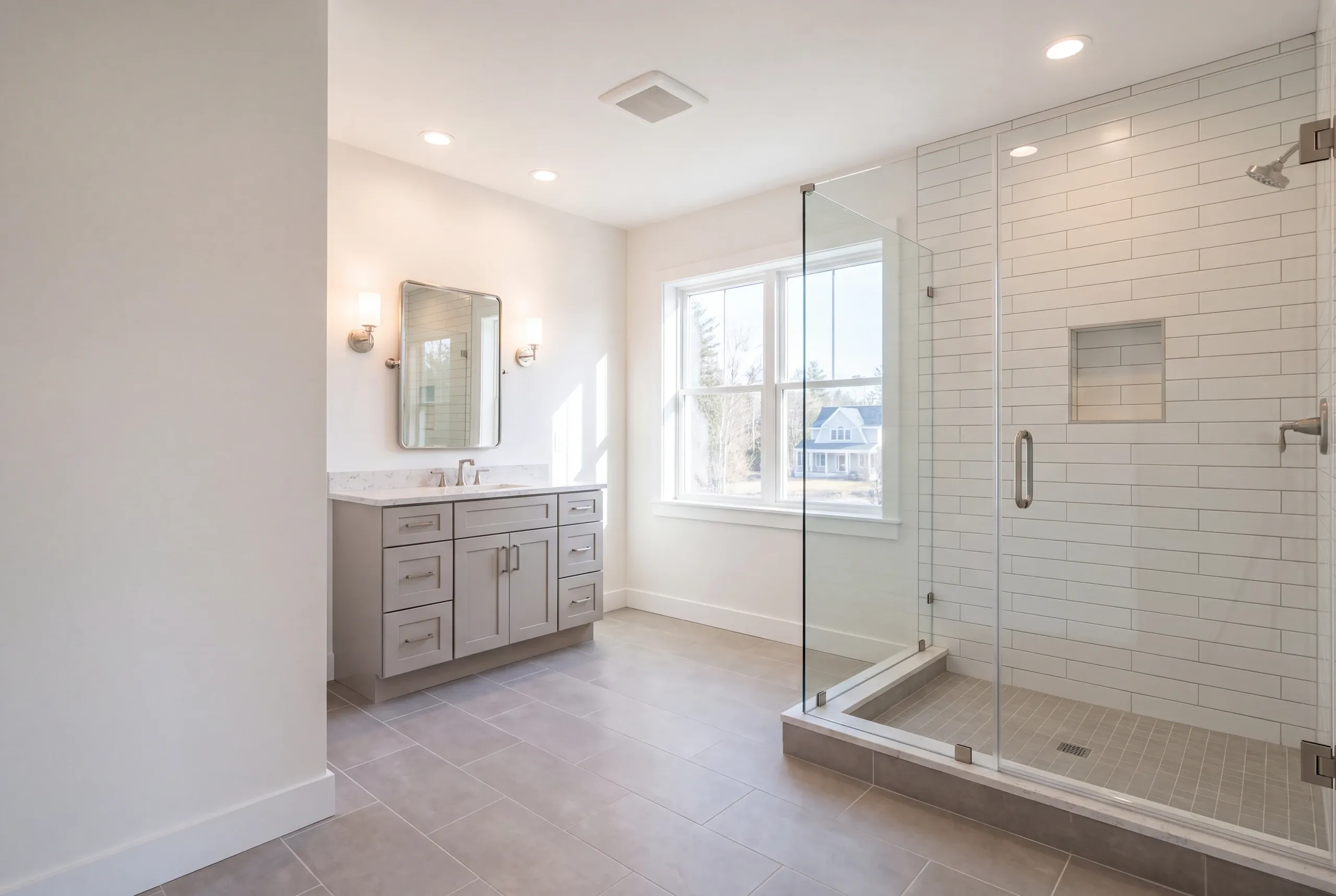 Finished bathroom in an Augusta, Maine home, wide interior view