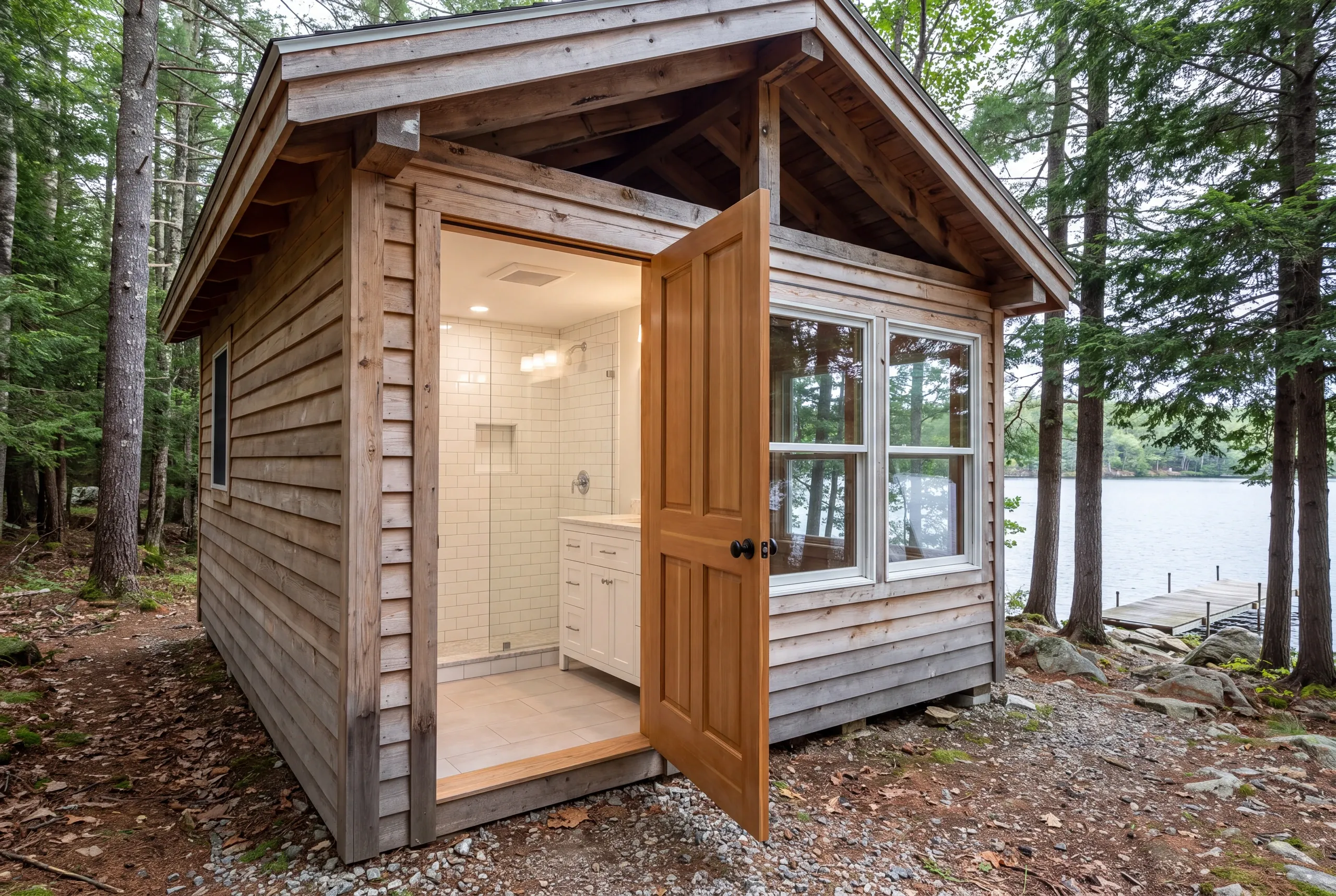Long Pond camp bathroom in Belgrade opened to the floor joists