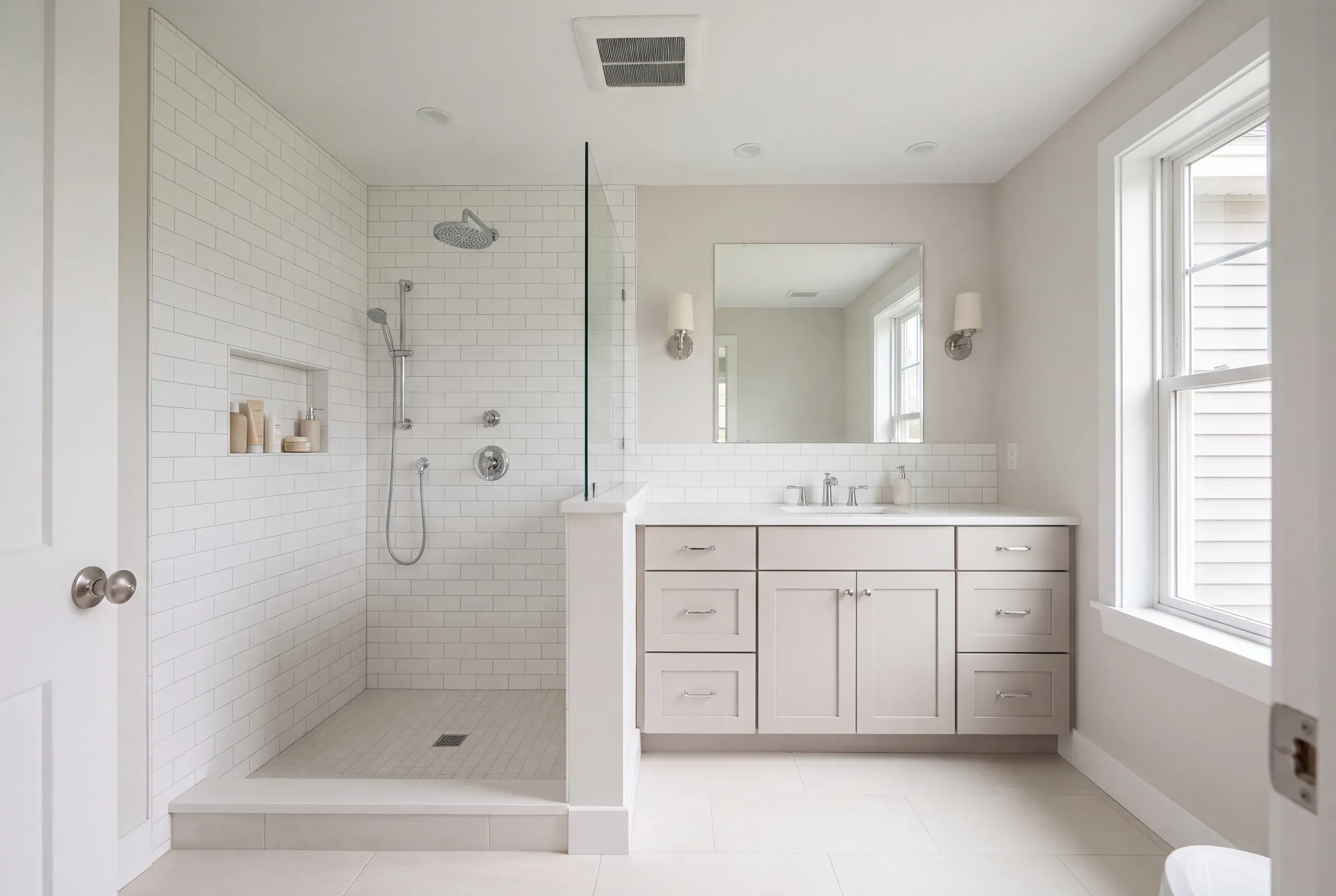 Finished Belgrade bathroom with the vanity and tiled shower in view