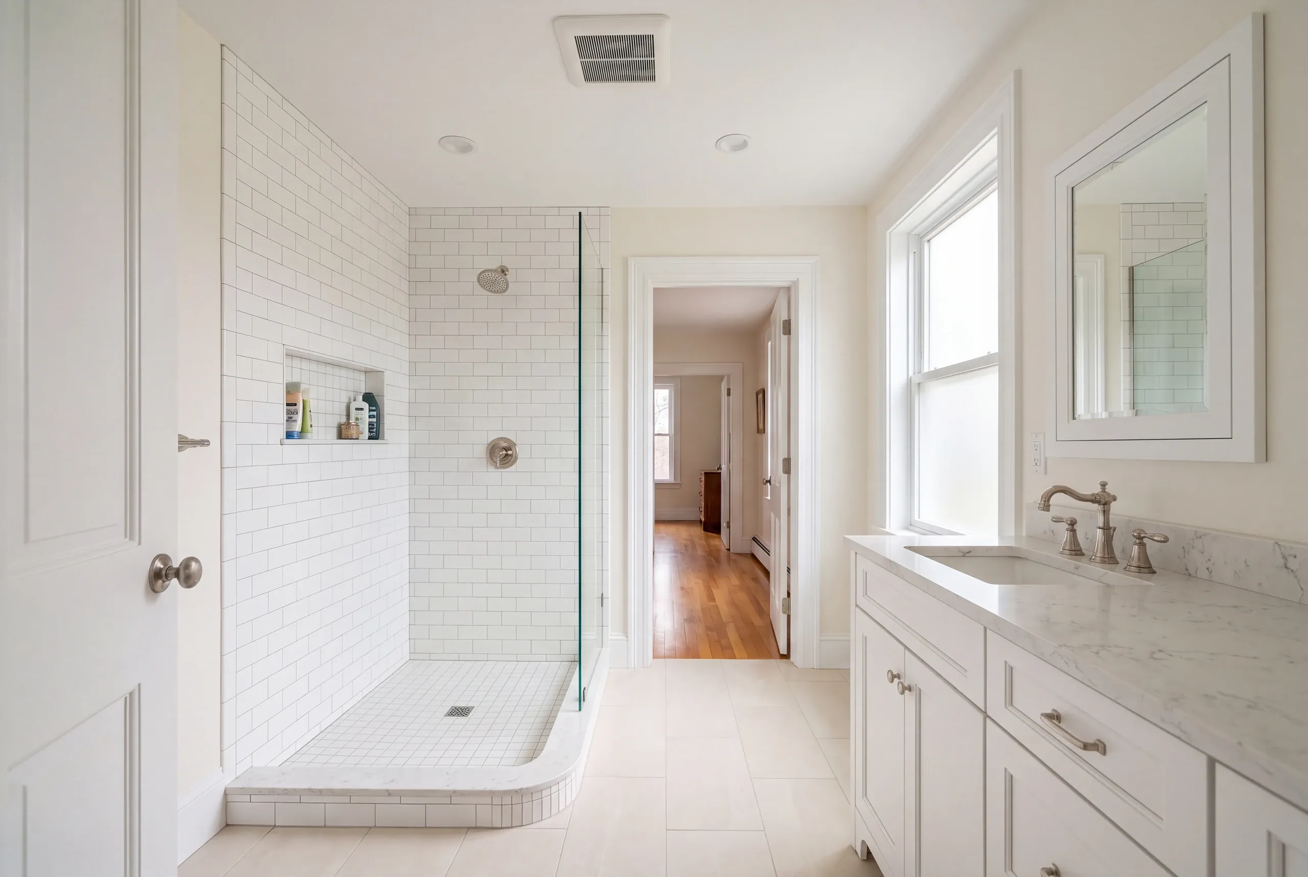 Finished bathroom with period tile in a Mere Point home in Brunswick