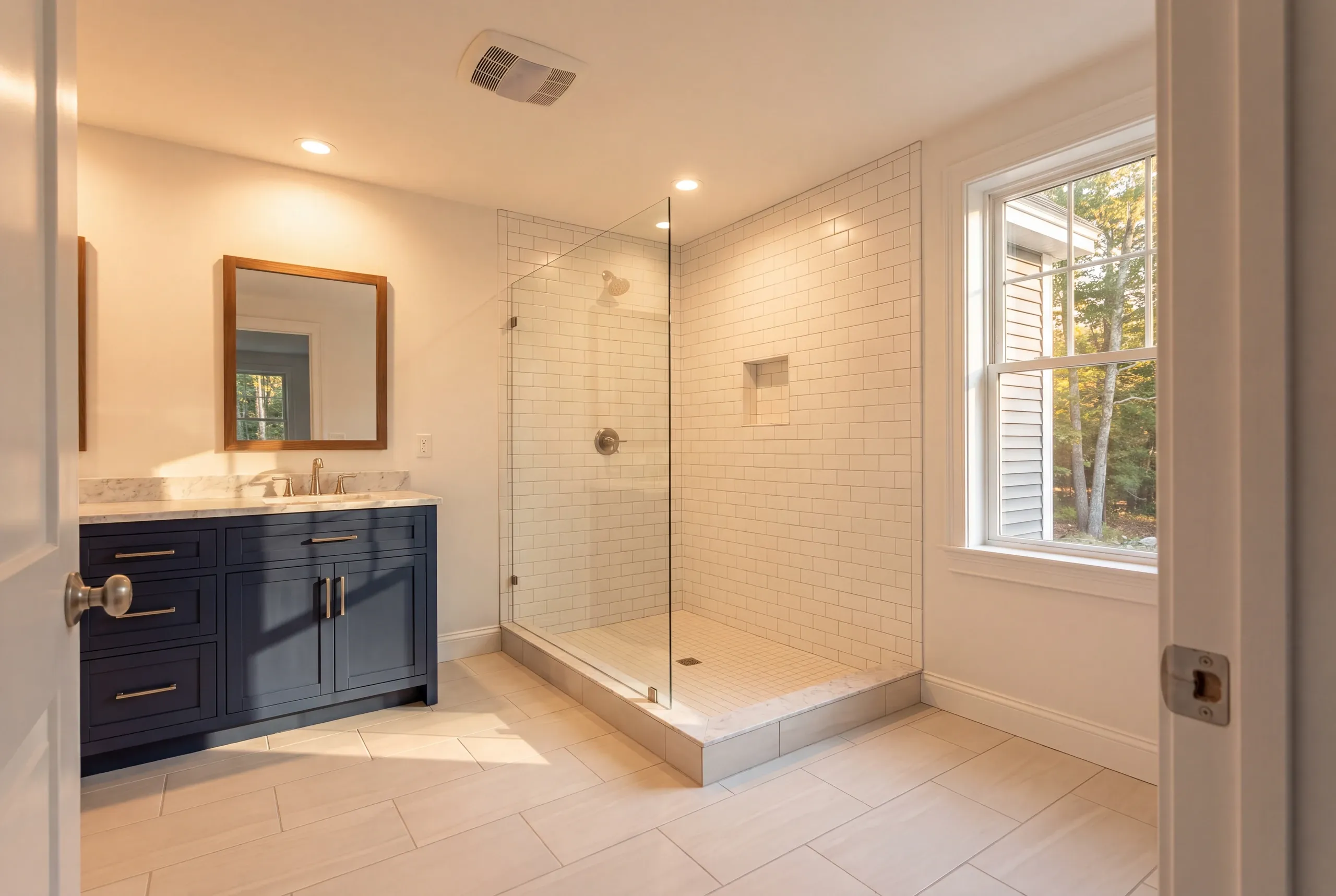 Finished China bathroom with the vanity and tiled shower in view