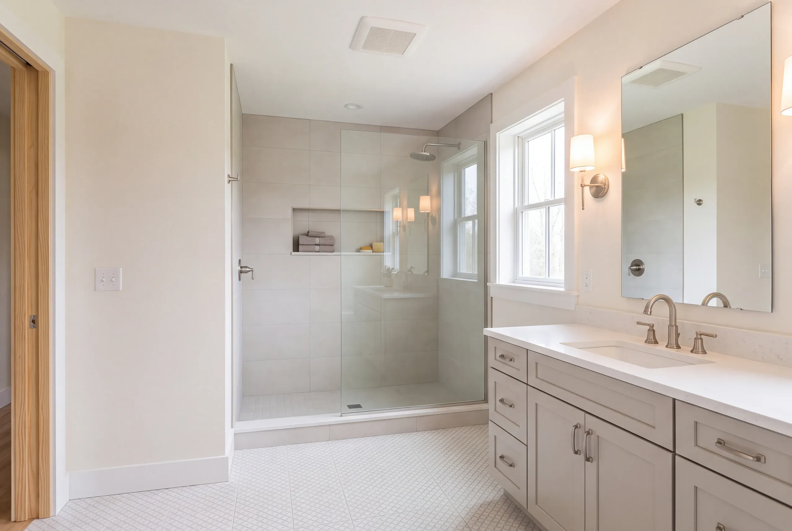 Bathroom remodeling Clinton, ME project with new tile in a working farm property
