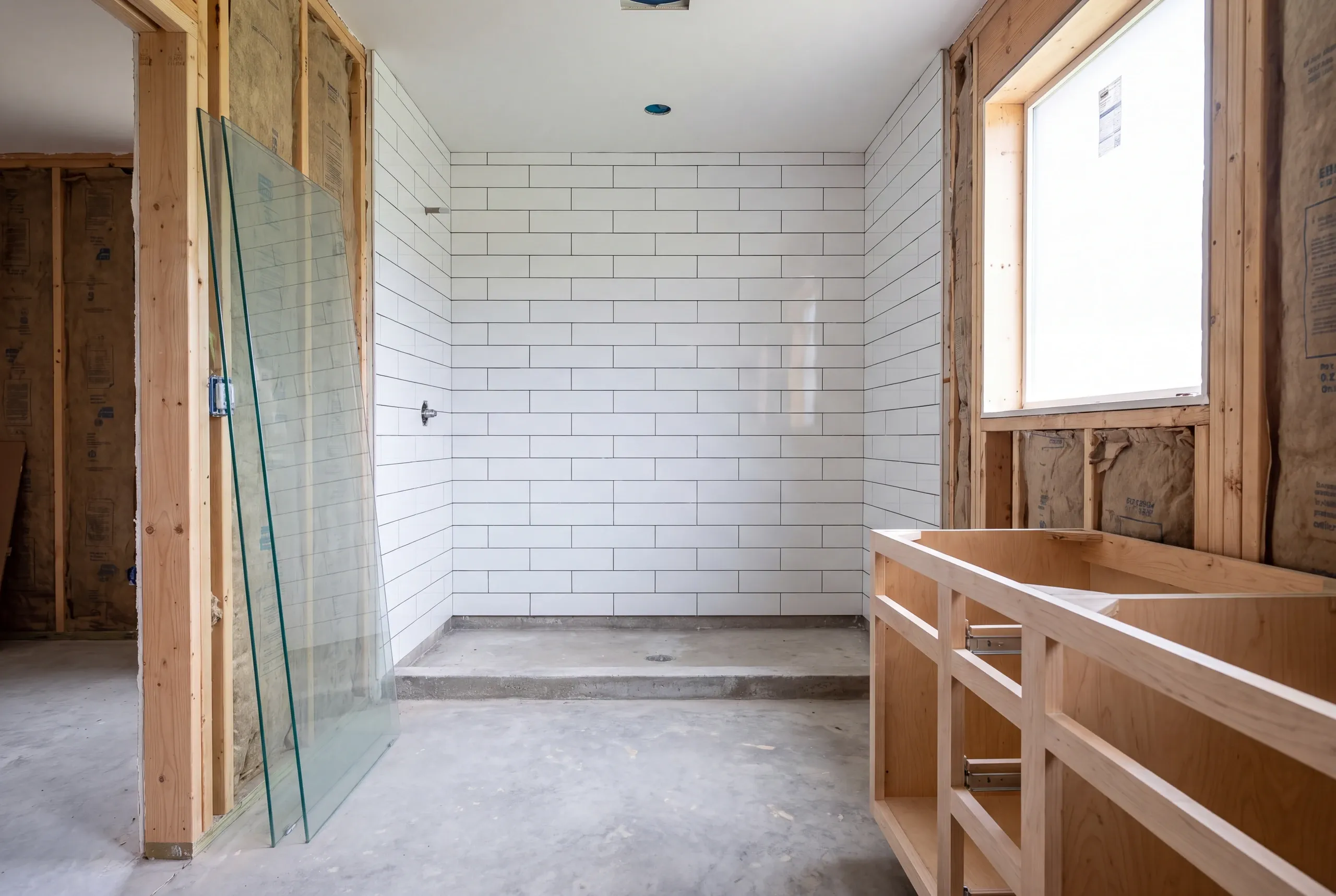 Porcelain wall tile going in on a Fairfield shower with a glass enclosure