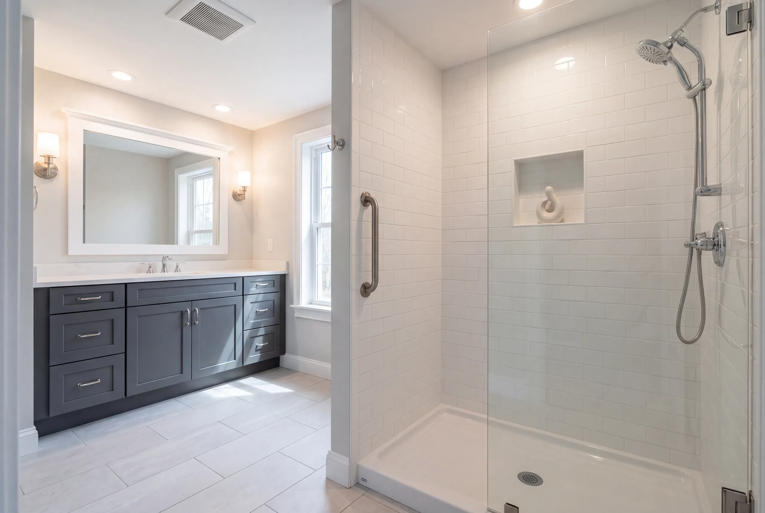 Finished Fairfield bathroom with the vanity and tiled shower in view