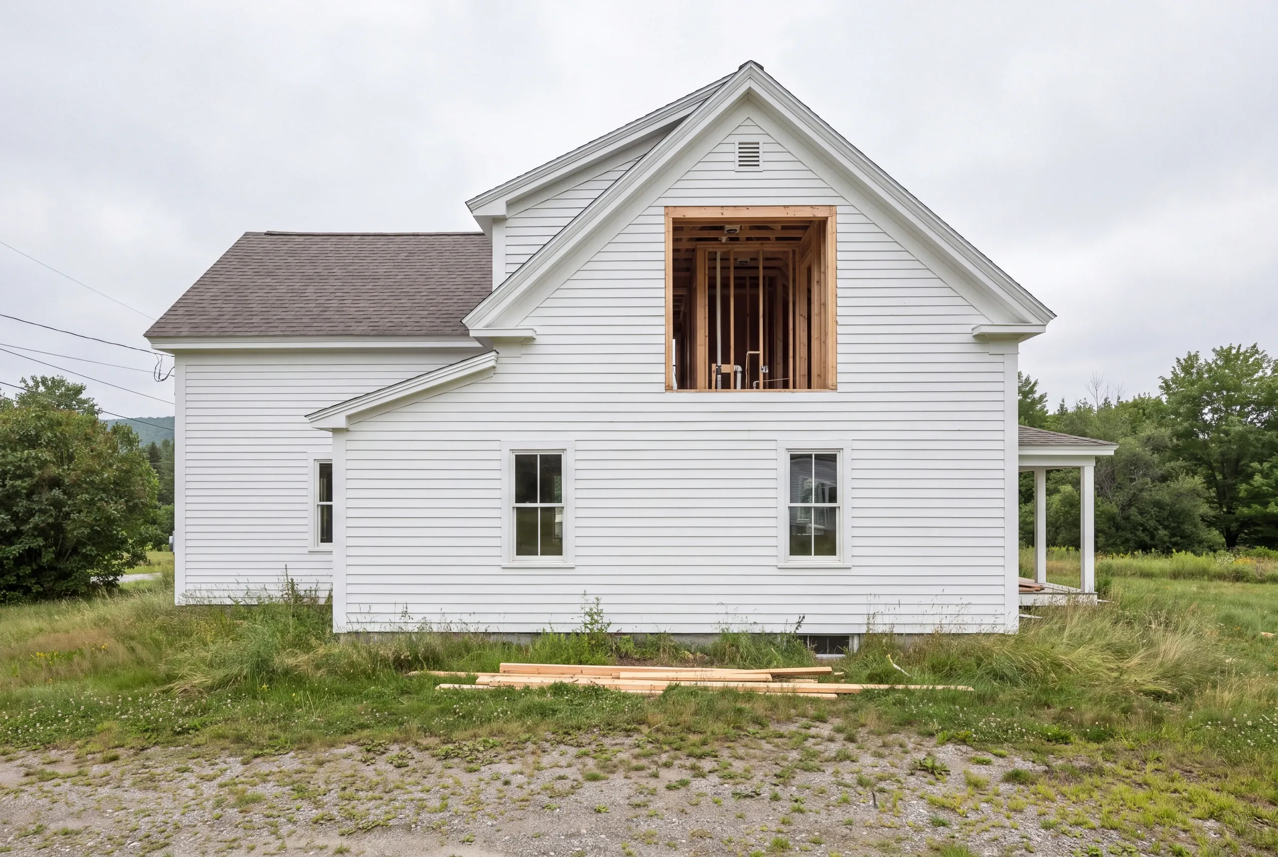 Sandy River intervale house in Farmington with the bathroom stripped to framing