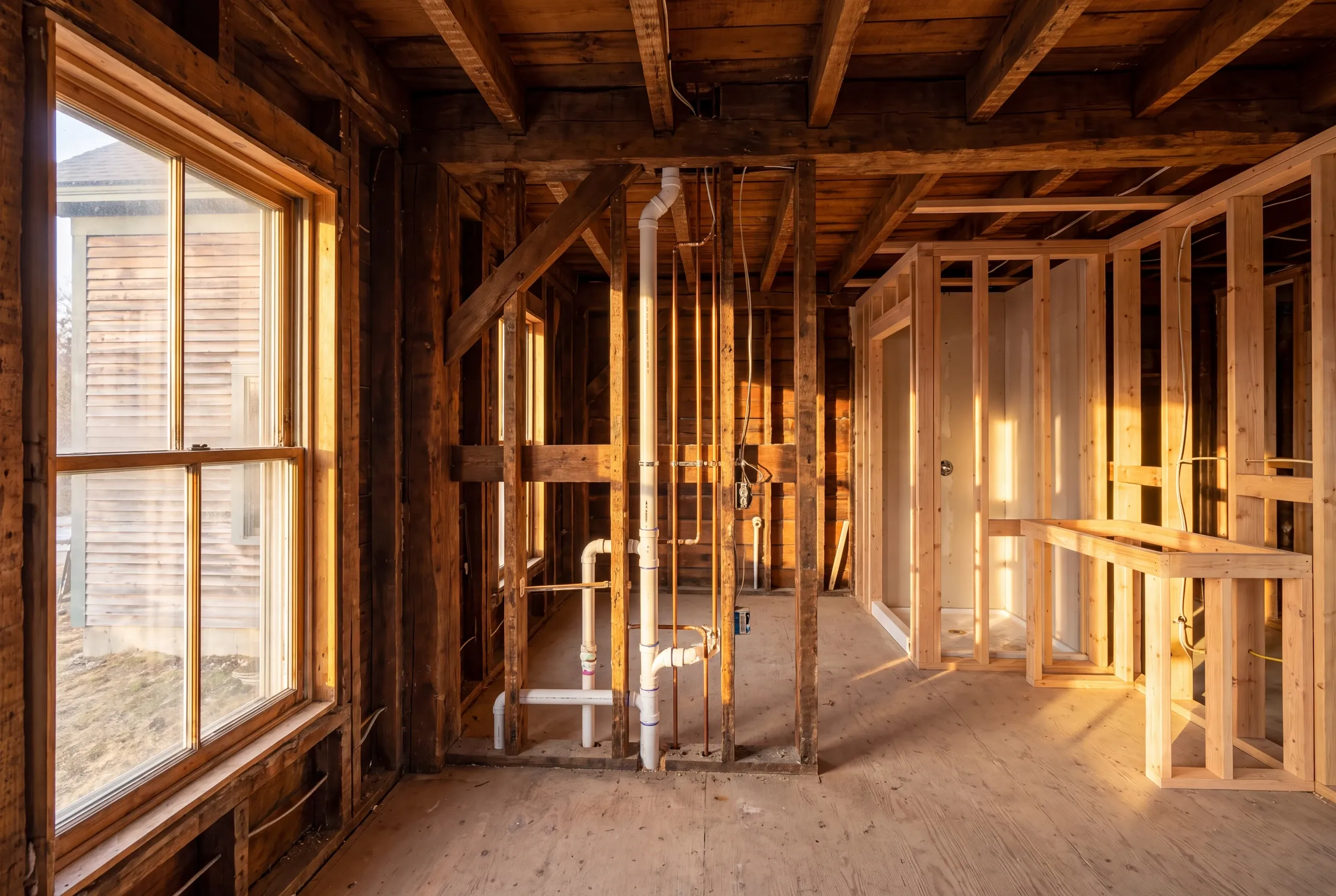 New stack routed through nineteenth century framing in a Gardiner house