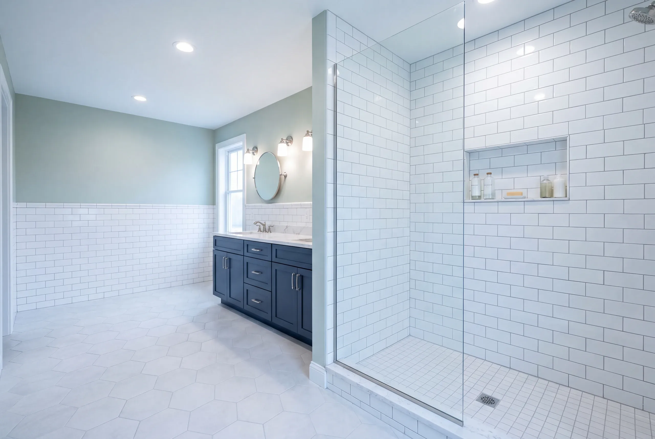 Finished bathroom in a Gardiner, Maine home, wide interior view