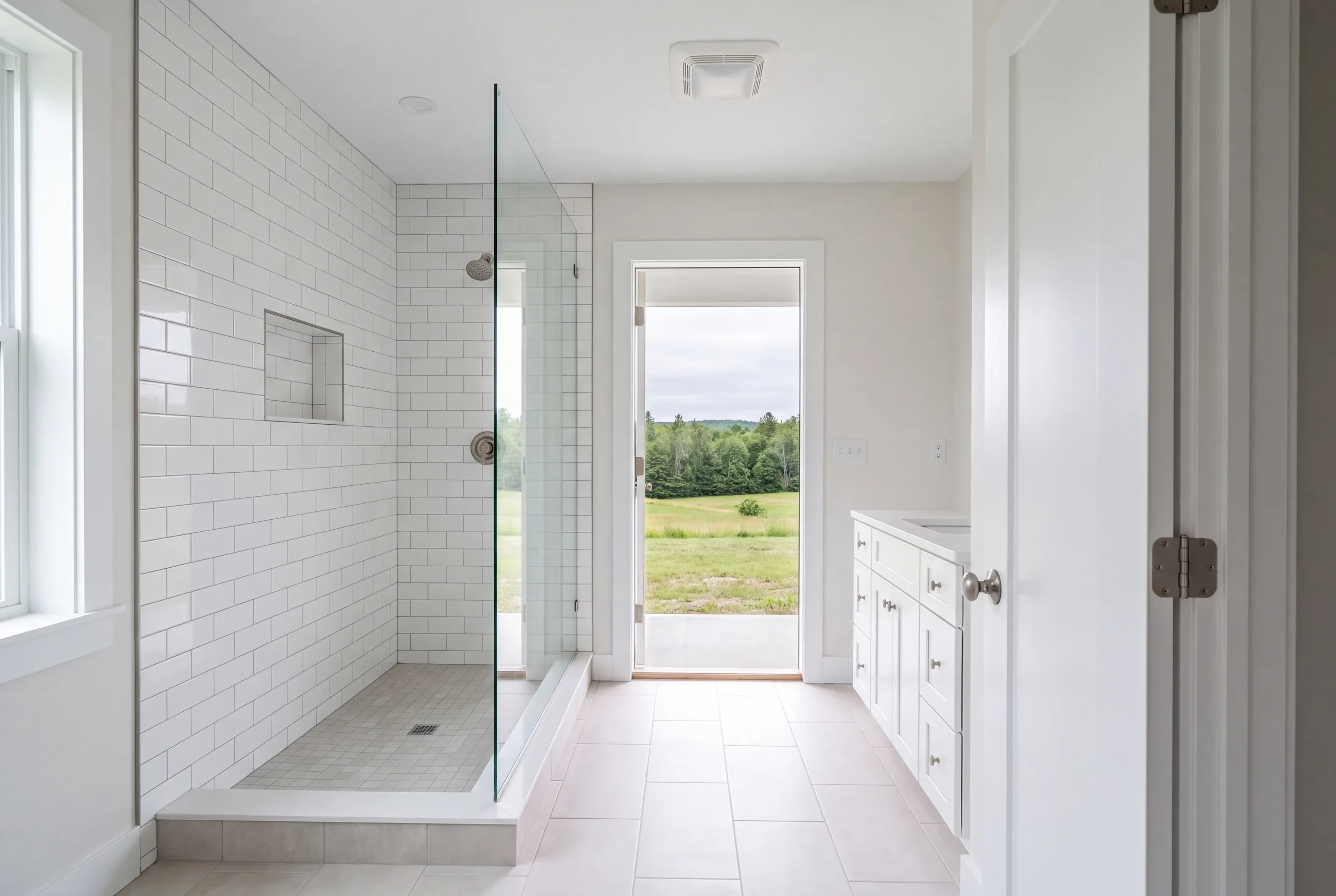 Greene farmhouse bathroom stripped back to studs and joists