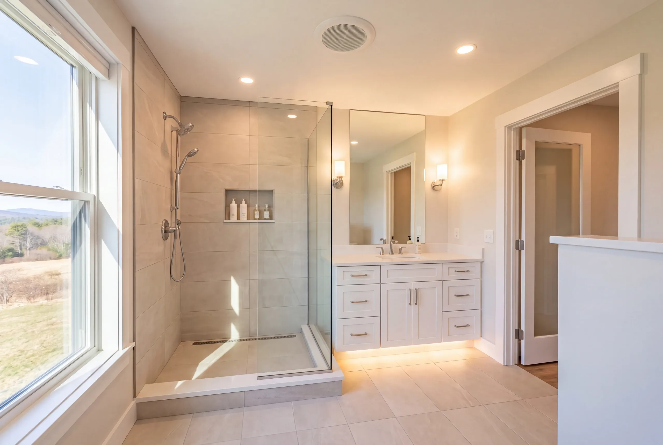 Finished bathroom with porcelain tile near Allen Pond in Greene Maine