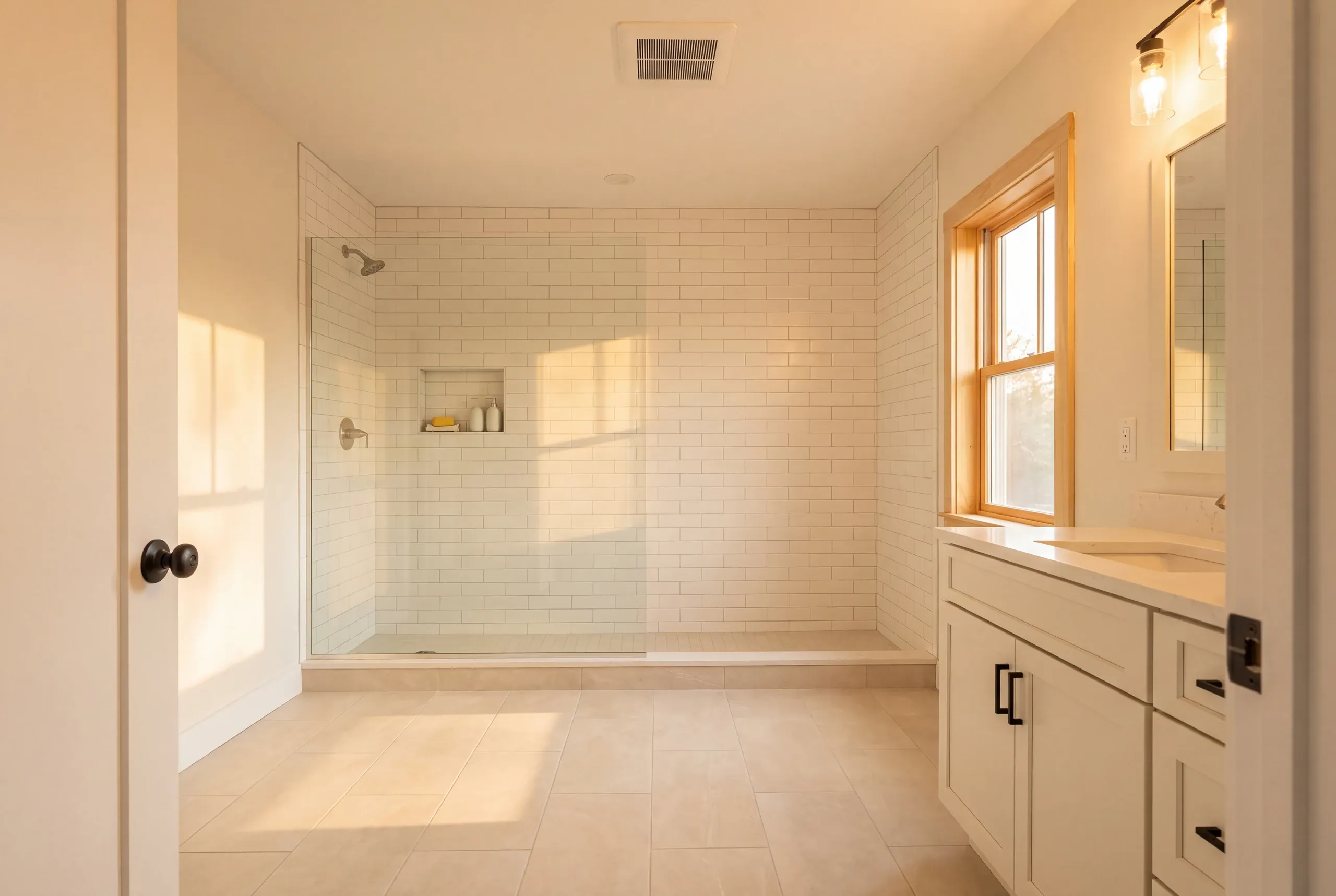 Finished Greene bathroom with the vanity and tiled shower in view