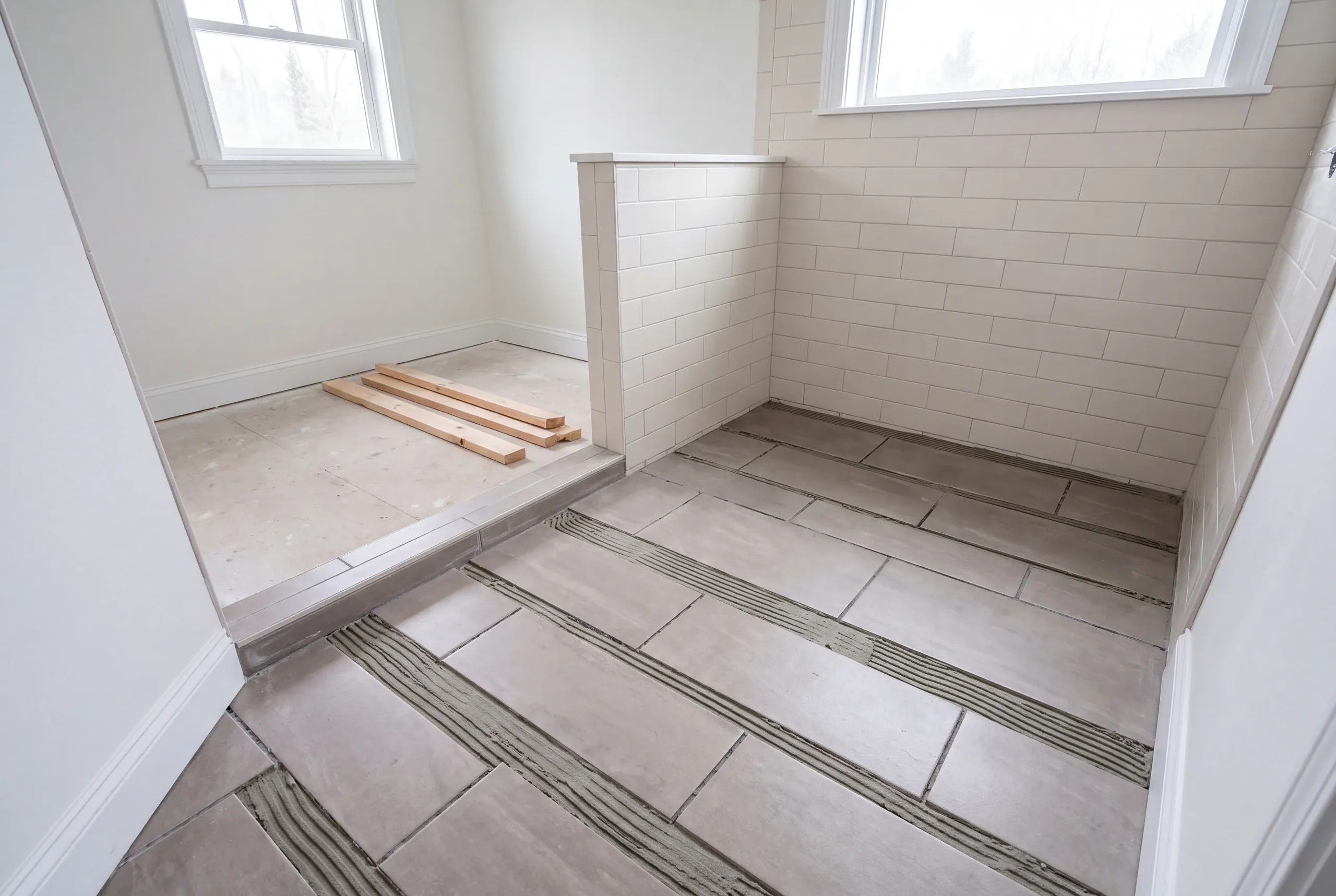 Large-format tile being set on a leveled bathroom floor