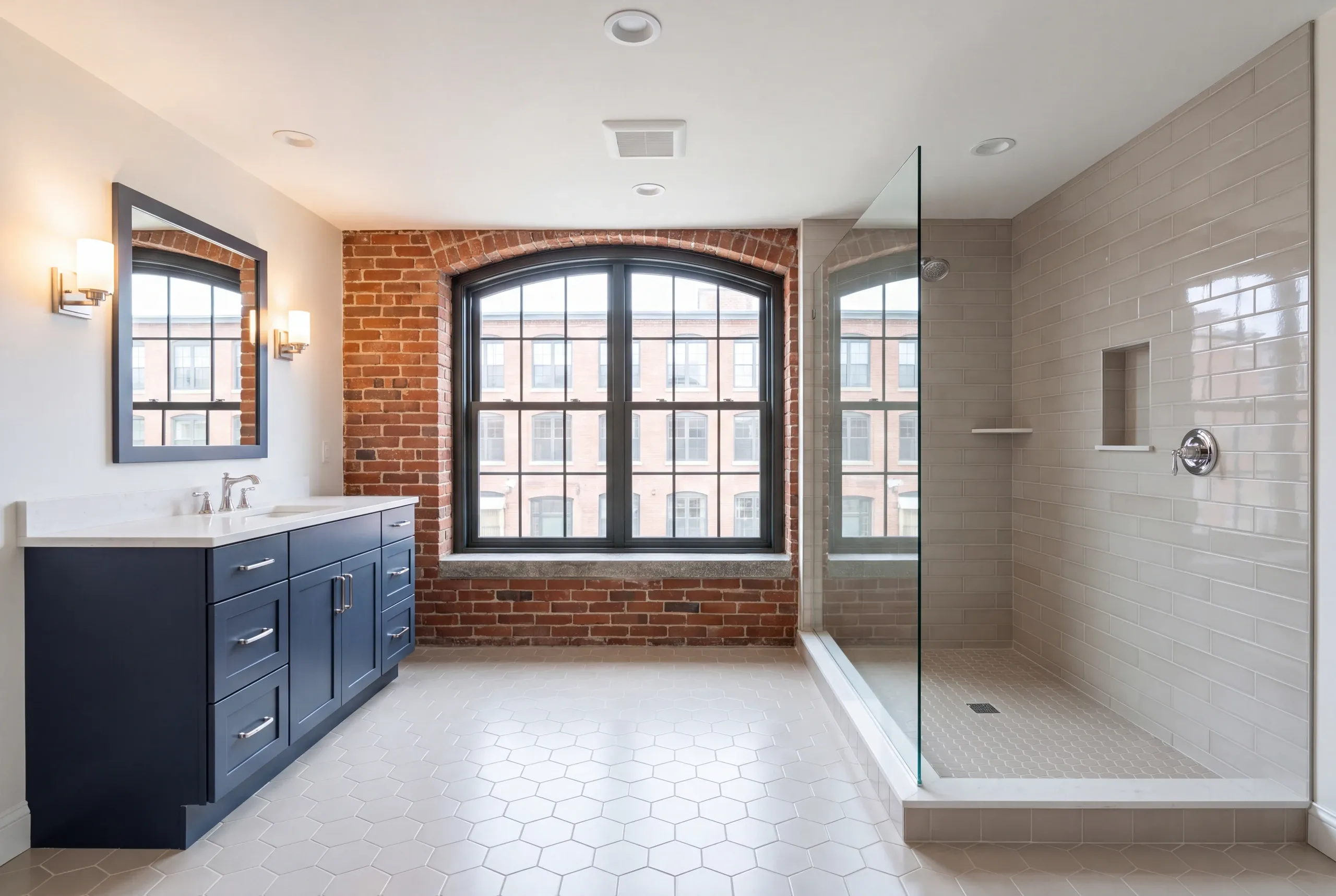 Bathroom remodeling Lewiston, ME project in a brick mill-era building downtown