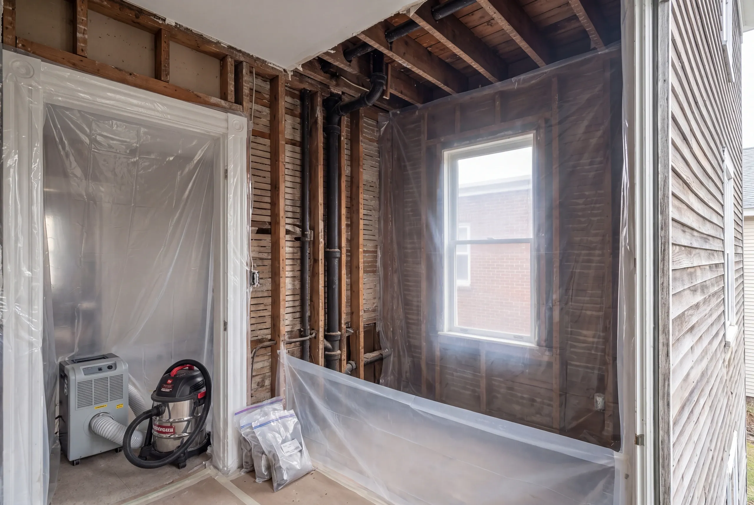Containment set up for lead-safe demolition in a Lewiston bathroom