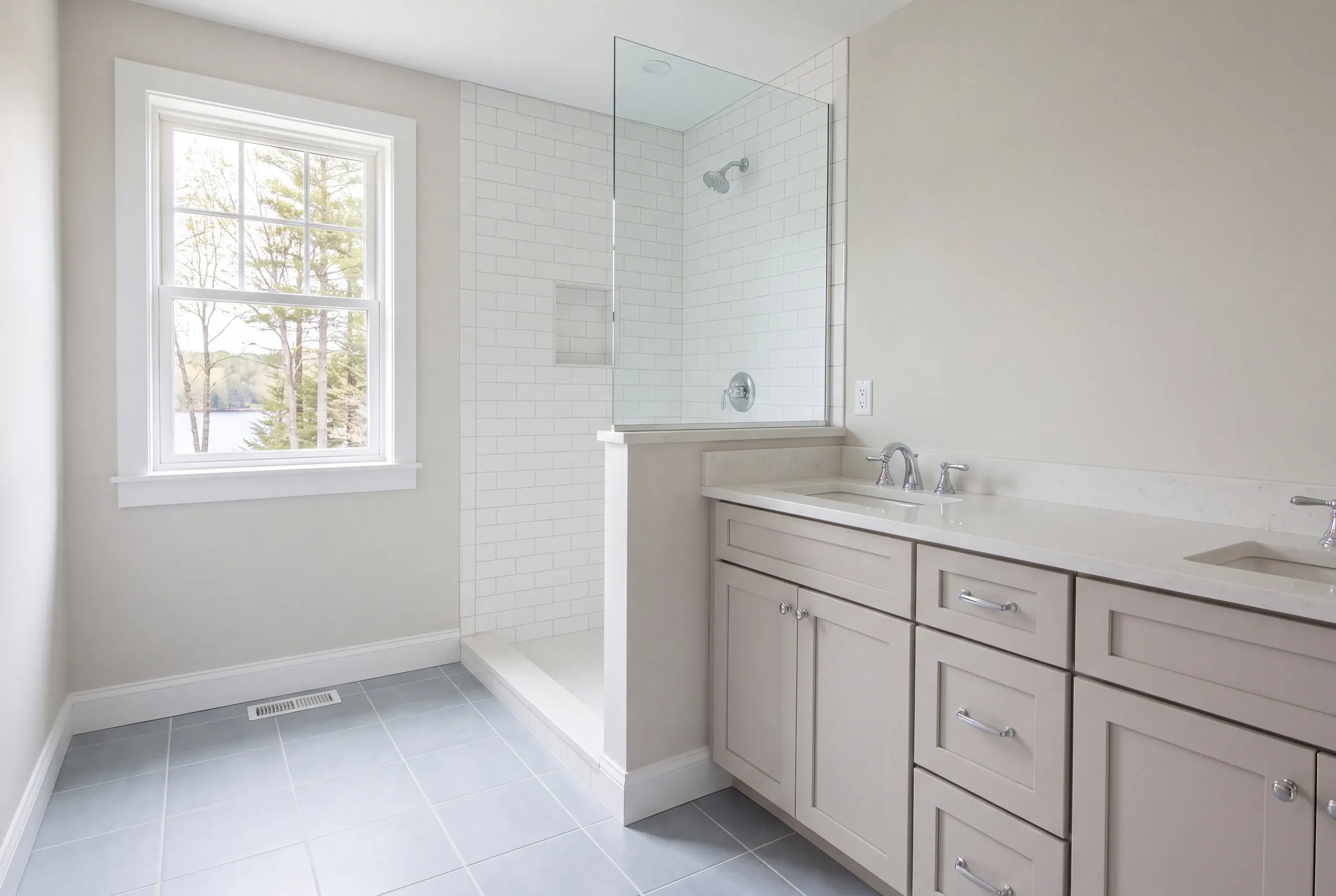 Bathroom remodeling Mt. Vernon, ME project with new tile in a hillside home above Minnehonk Lake