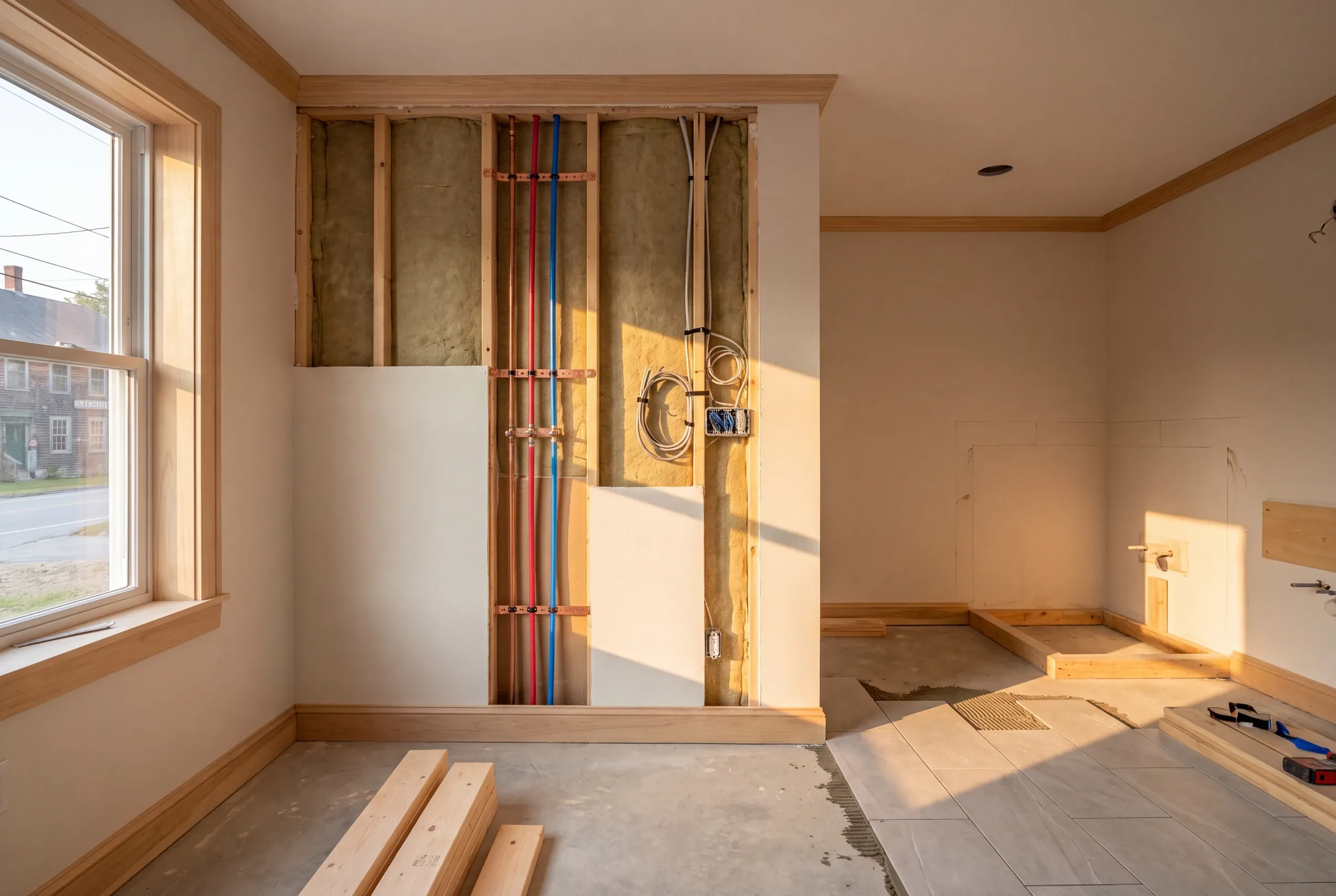 Uninsulated supply lines being rerouted inside conditioned space at an Oakland camp