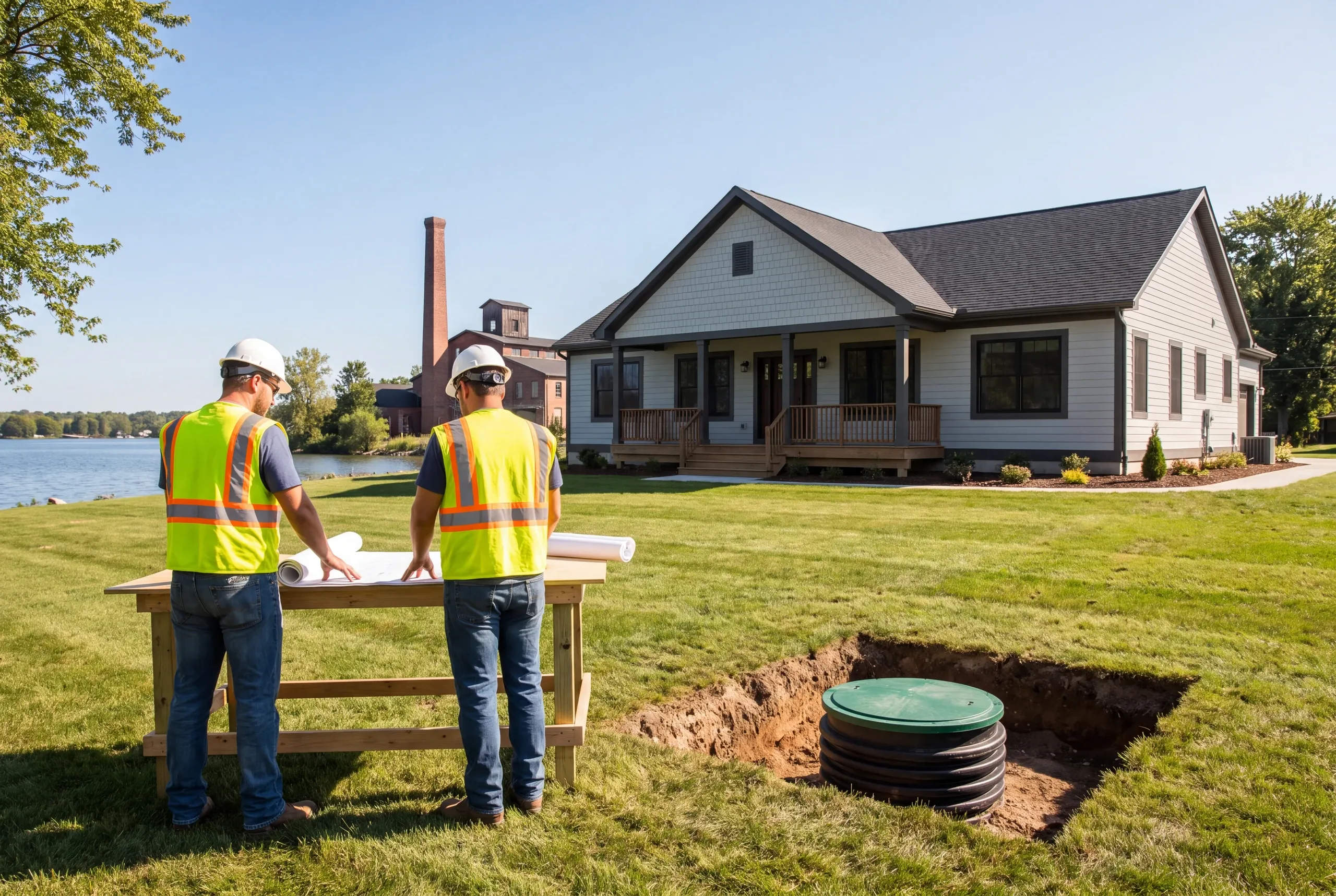 Newman Homes crew reviewing septic capacity on an Oakland lakefront lot