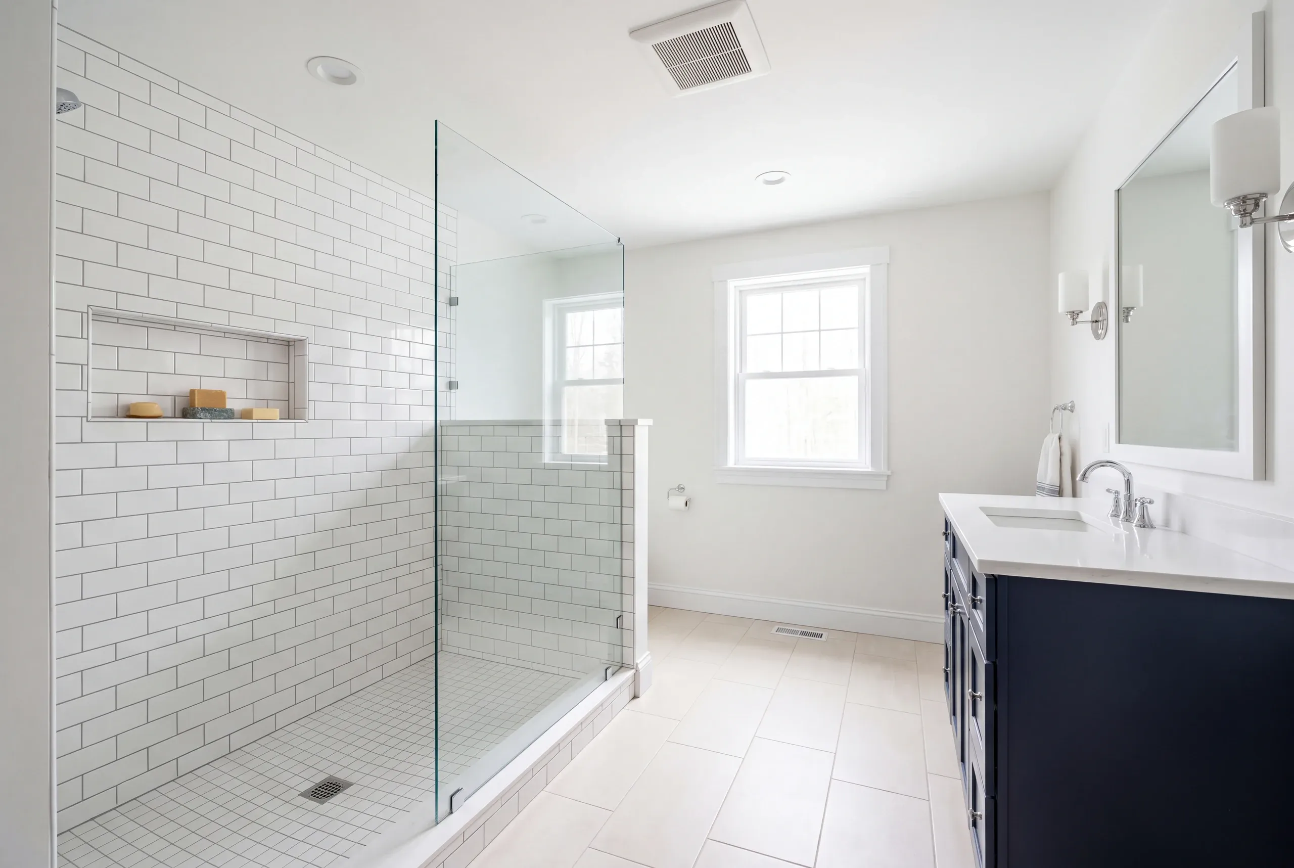 Bathroom remodeling Palermo, ME project with new tile in a rural homestead