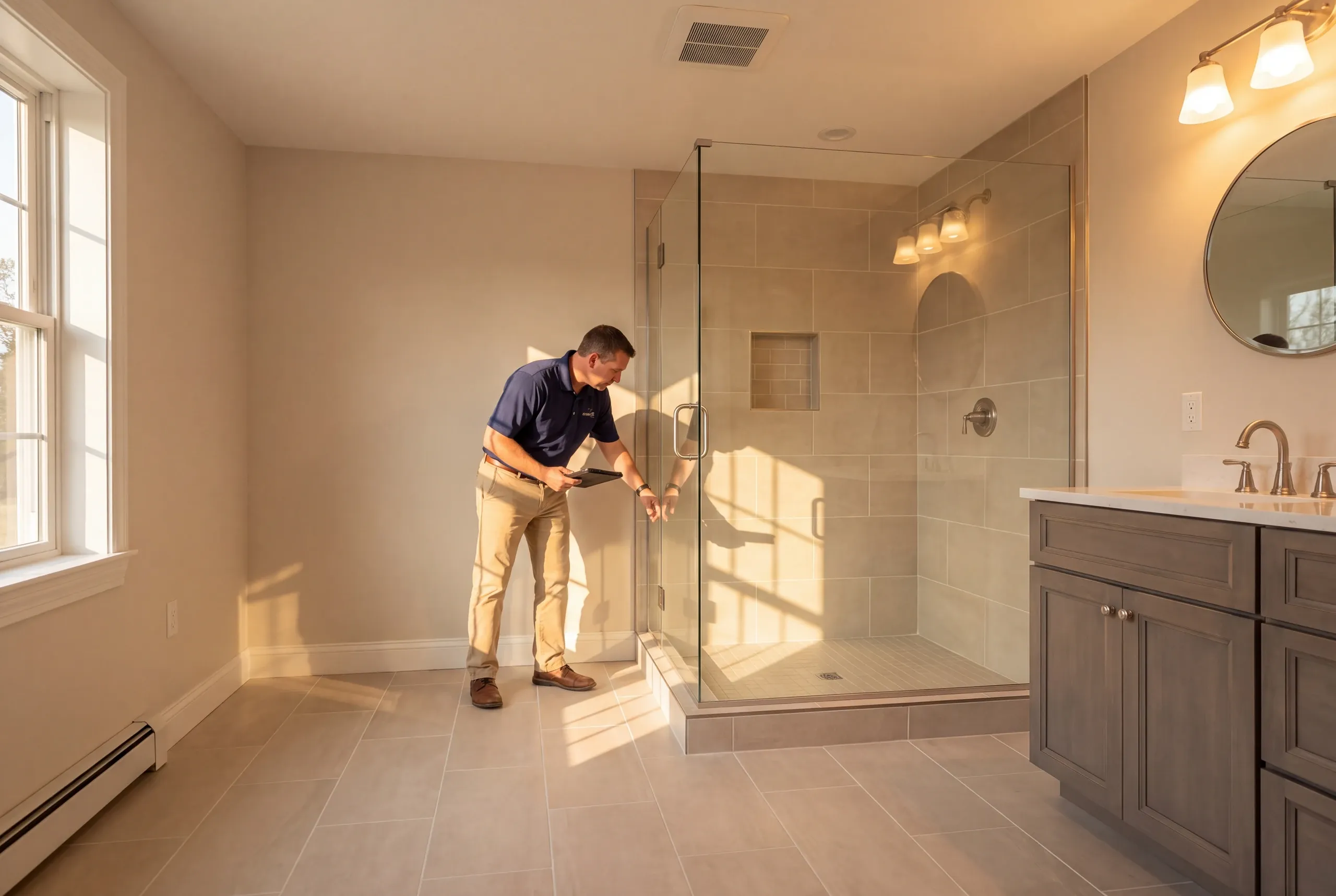 Newman Homes estimator inspecting a Palermo bathroom floor before quoting
