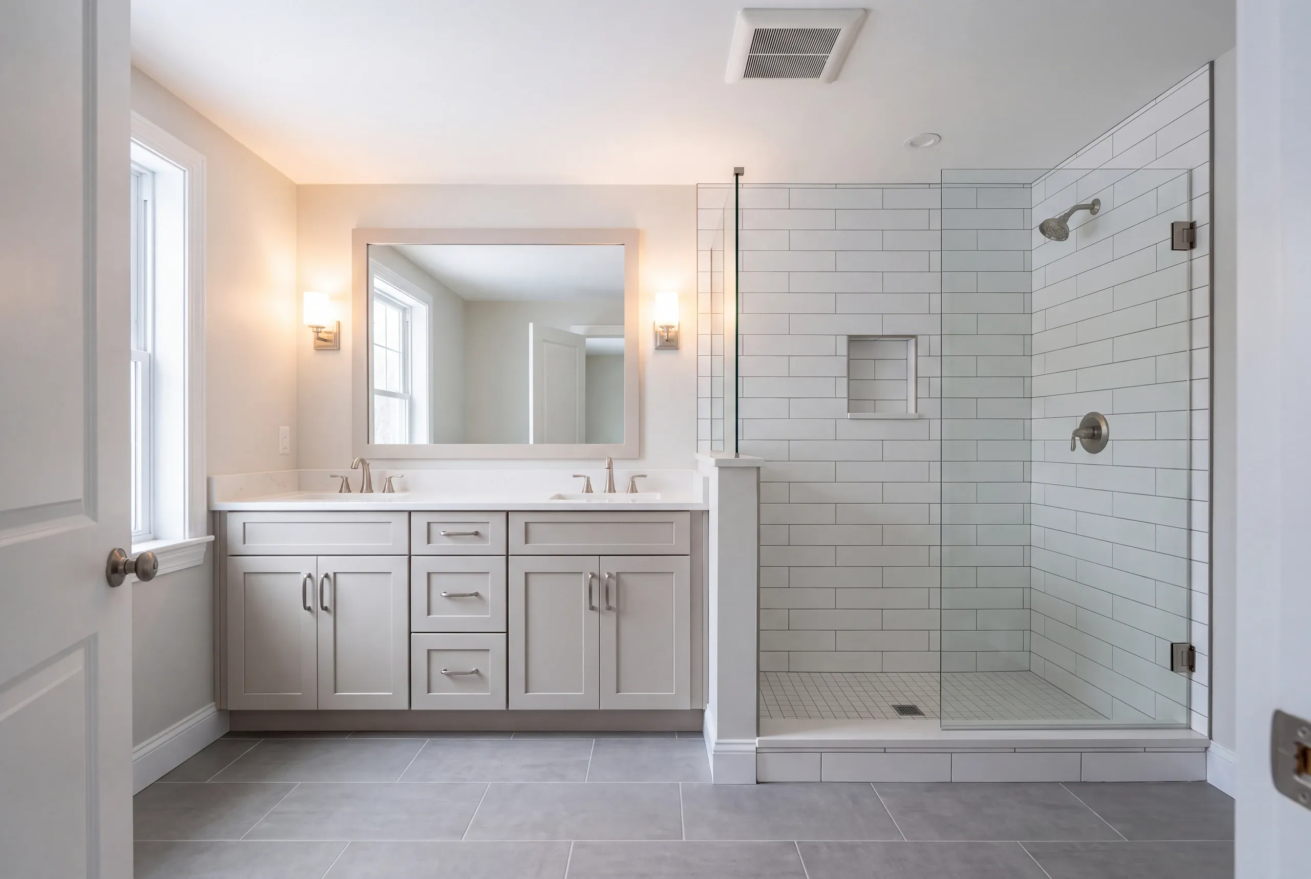 Finished Palermo bathroom with the vanity and tiled shower in view