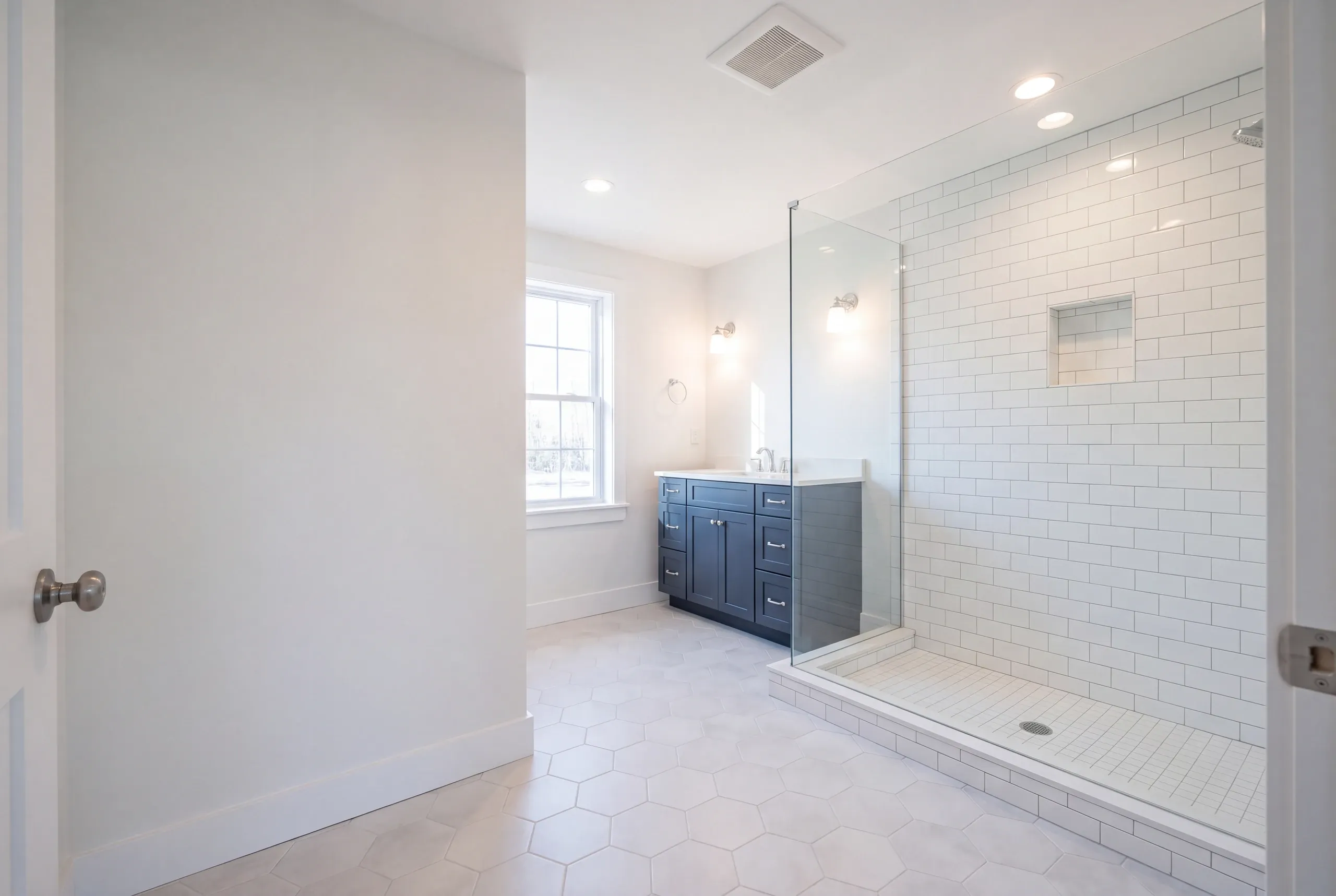 Finished bathroom in a Palermo, Maine home, wide interior view