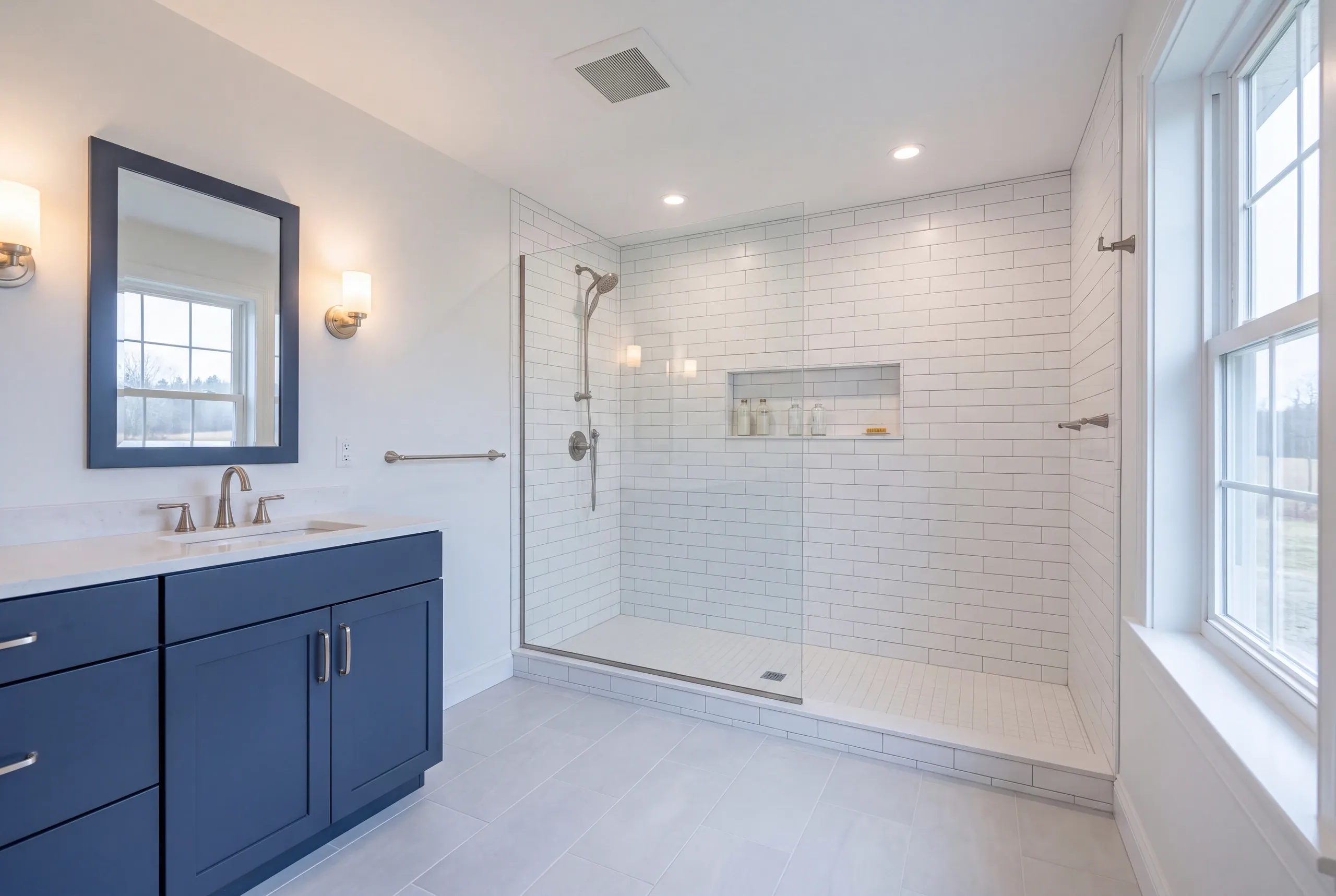 Finished Sidney bathroom with the vanity and tiled shower in view