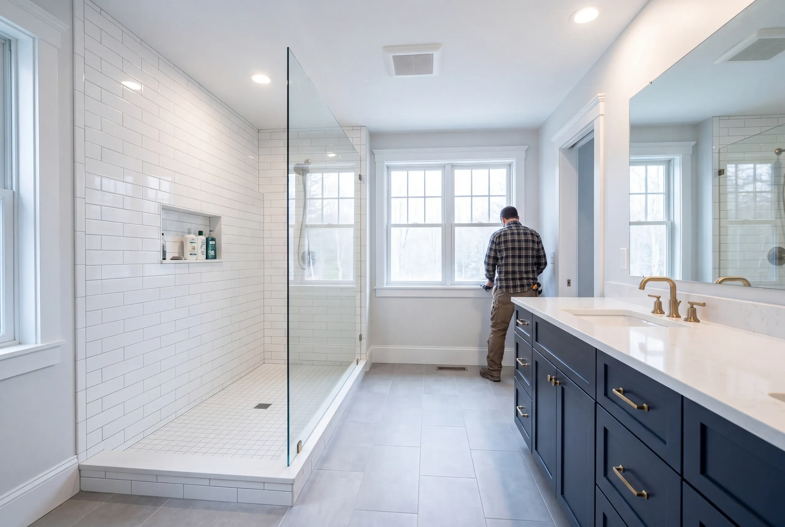 Finished bathroom with porcelain tile and glass shower in Vassalboro