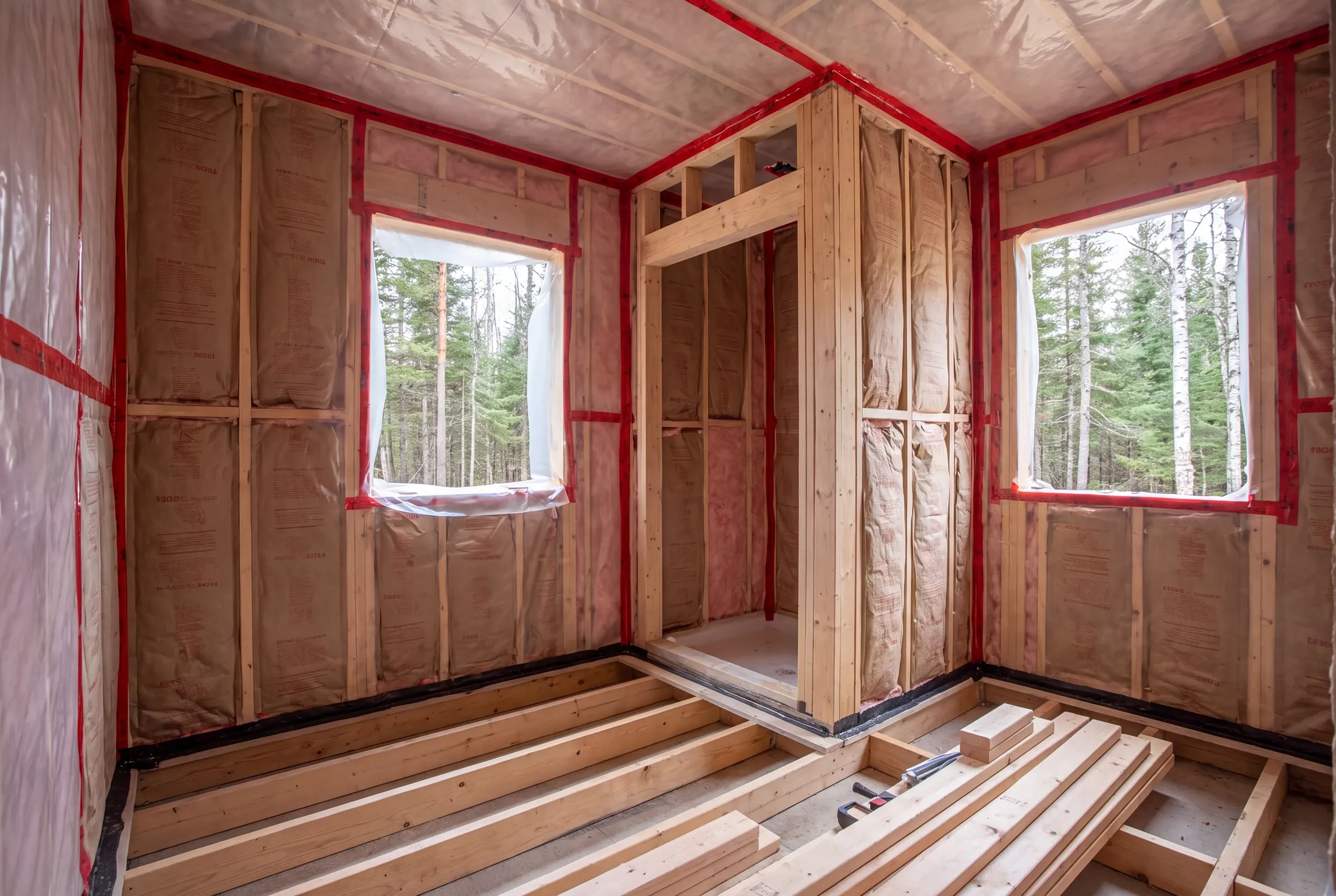 Insulated and air-sealed bathroom wall detail on a Vienna hill parcel