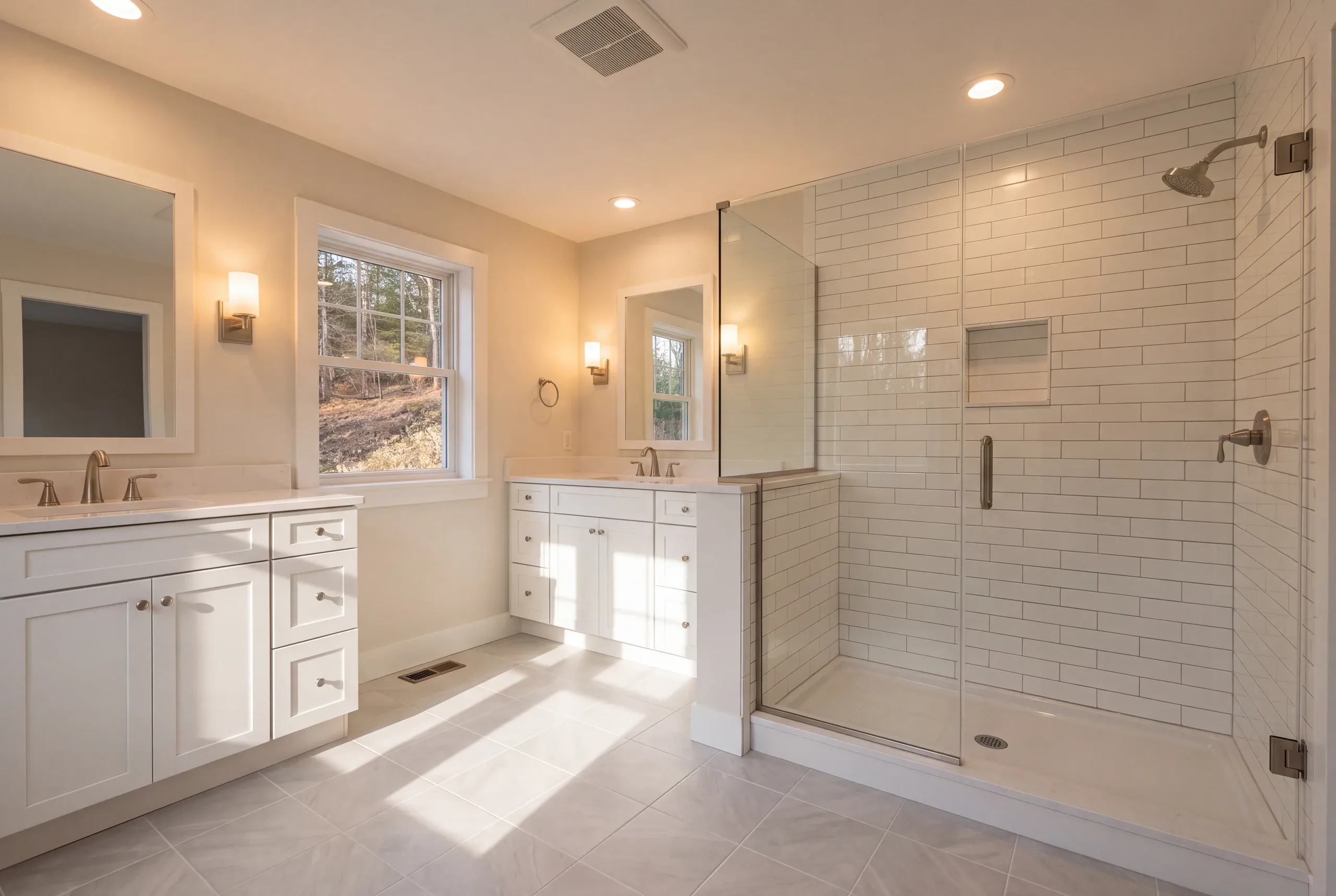 Finished bathroom with porcelain tile near Flying Pond in Vienna Maine