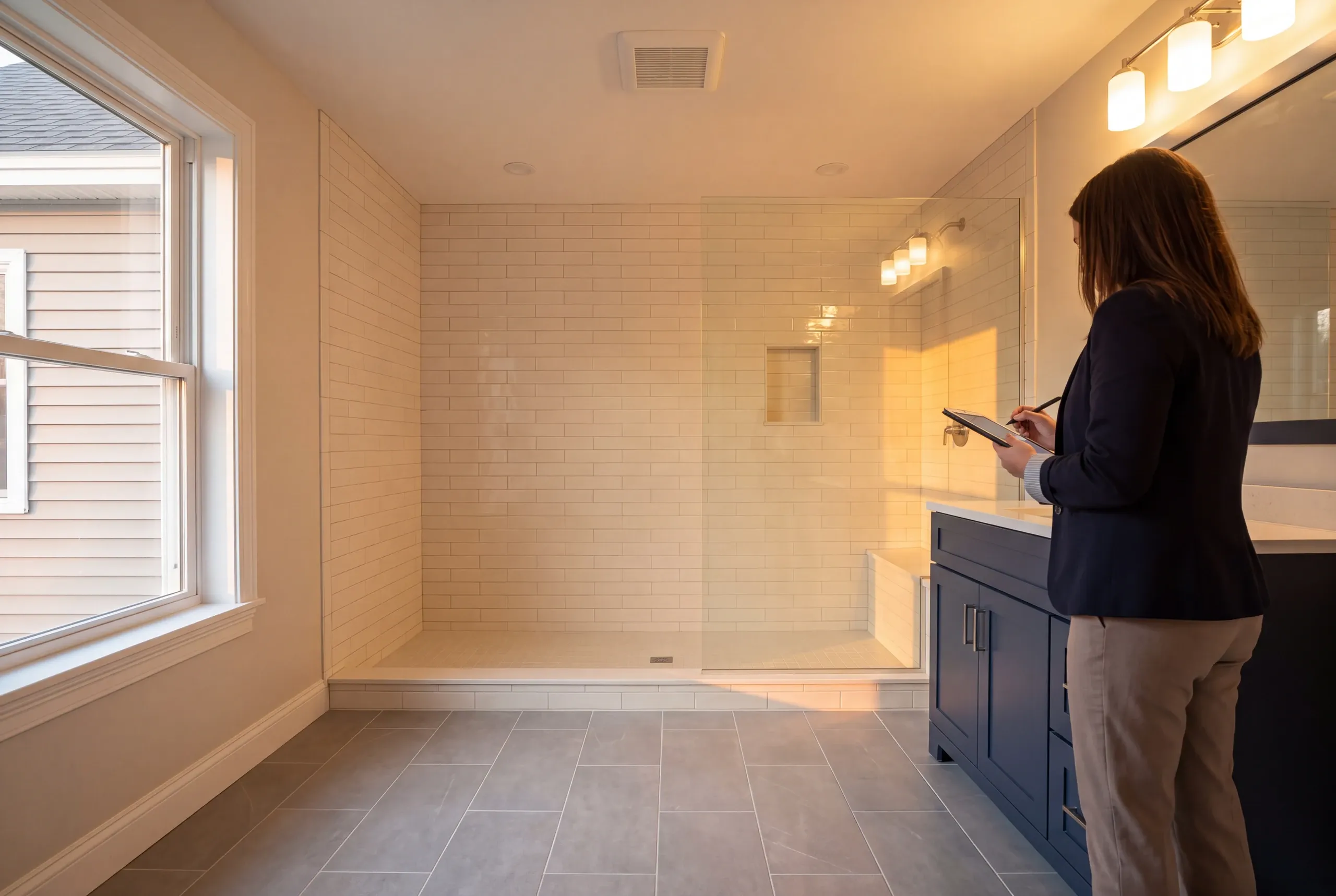 Newman Homes estimator checking a Waterville bathroom subfloor before pricing