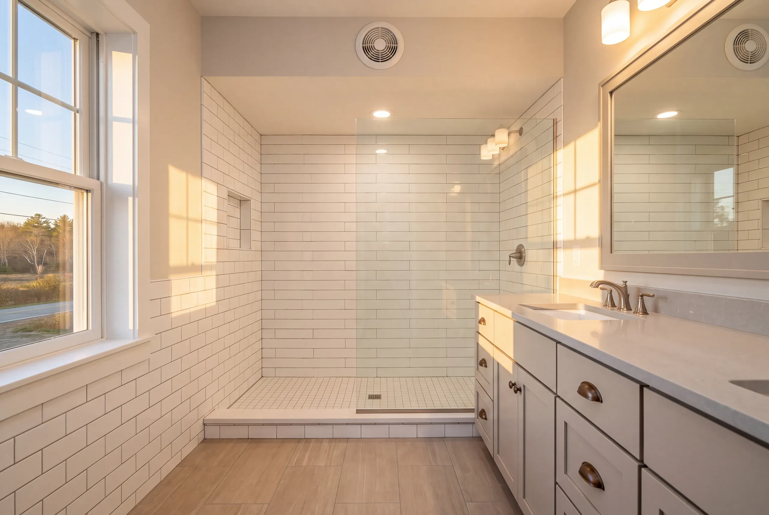 Bathroom remodeling Whitefield, ME project with new tile in a farmhouse off Route 218