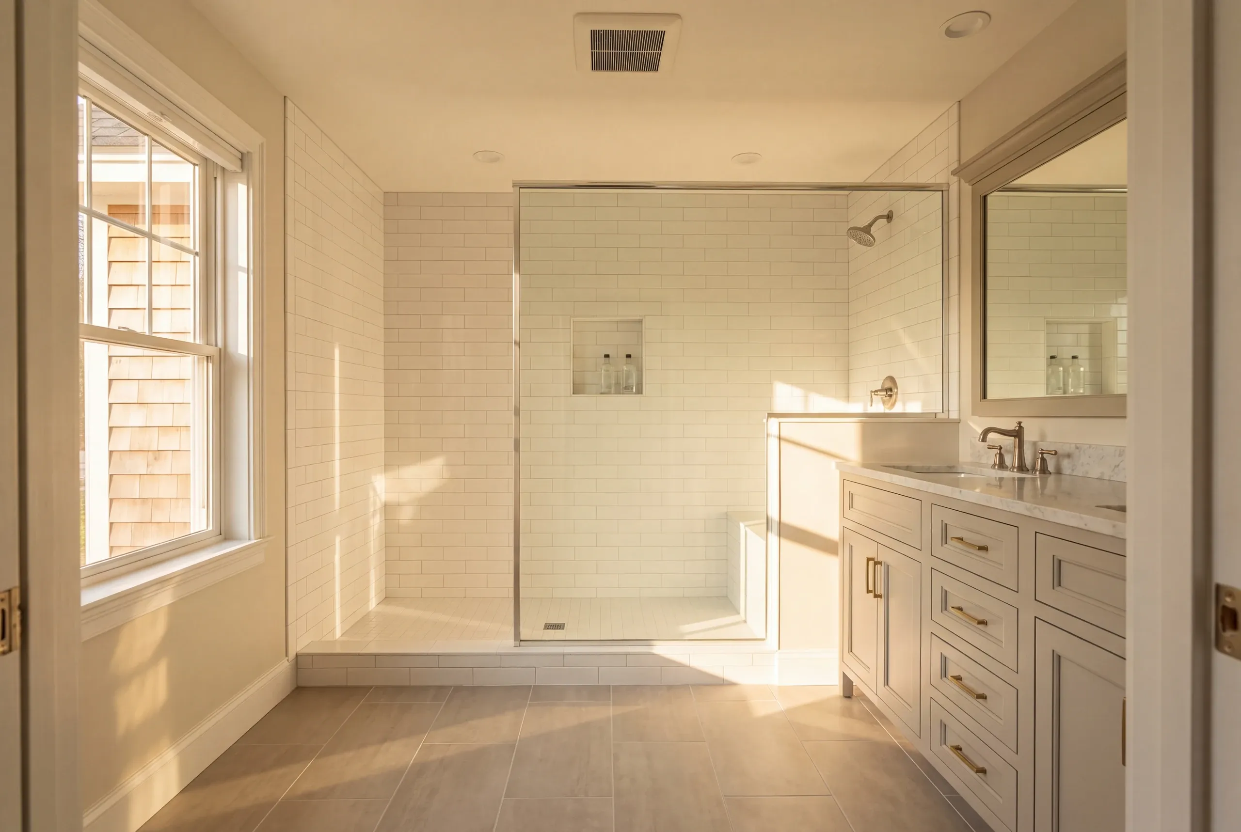 Finished bathroom with porcelain tile and a glass shower panel in Whitefield