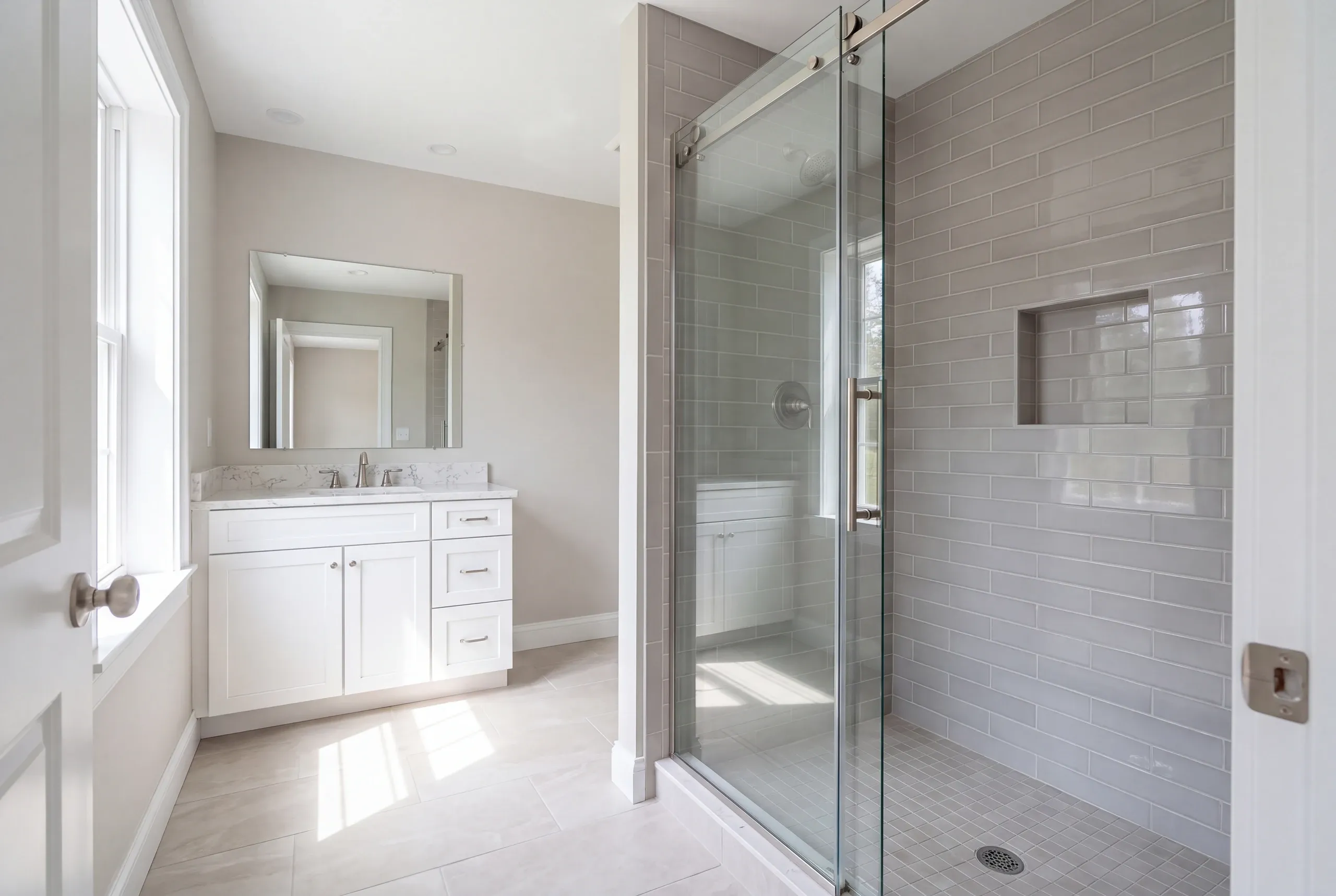 Finished bathroom in a Whitefield, Maine home, wide interior view