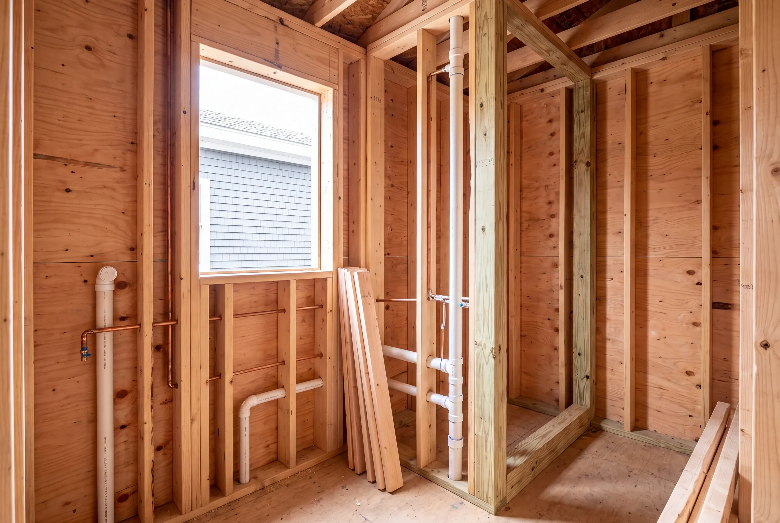 New drain and vent framed into a Windsor bathroom wall