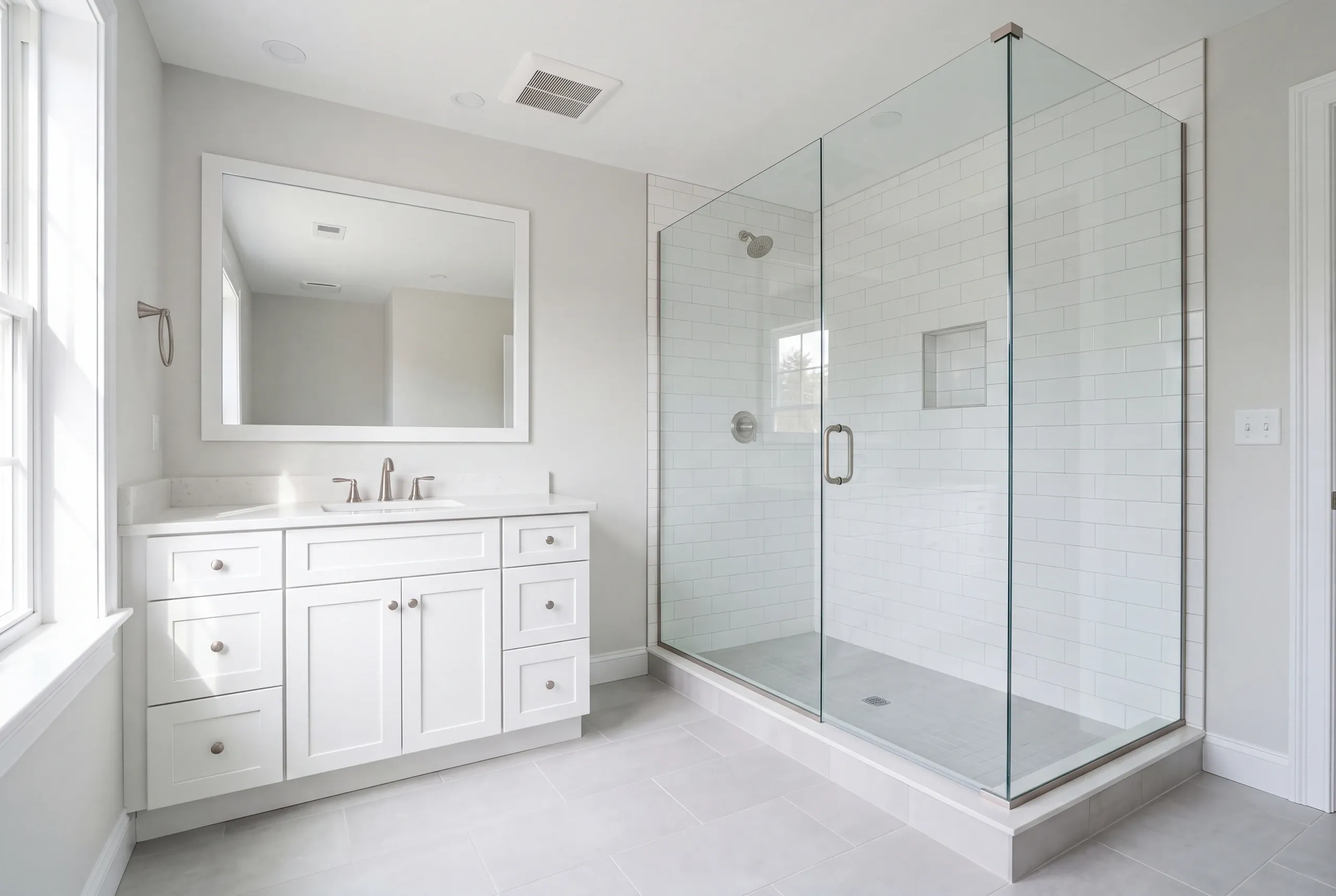 Finished bathroom with a tiled shower and quartz top in Windsor Maine