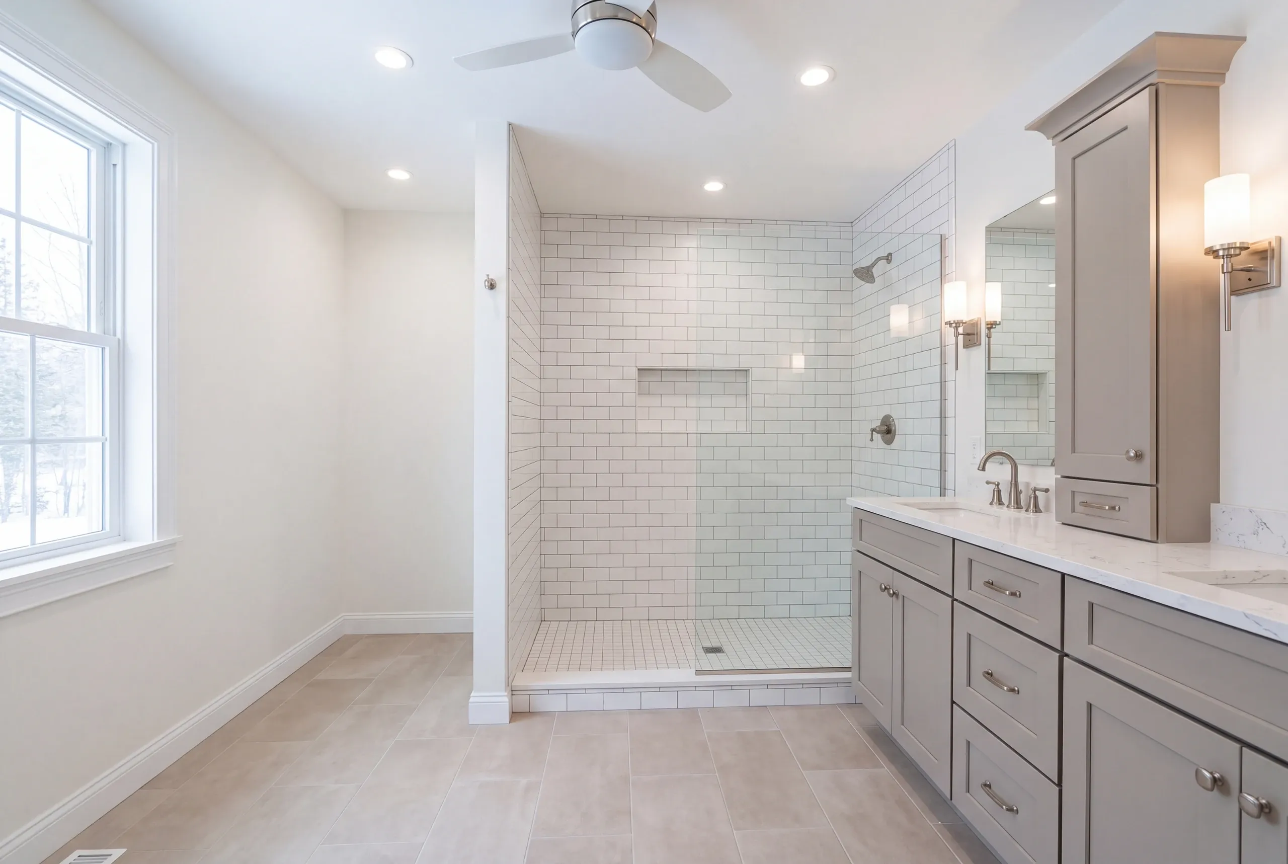 Finished bathroom in a Windsor, Maine home, wide interior view