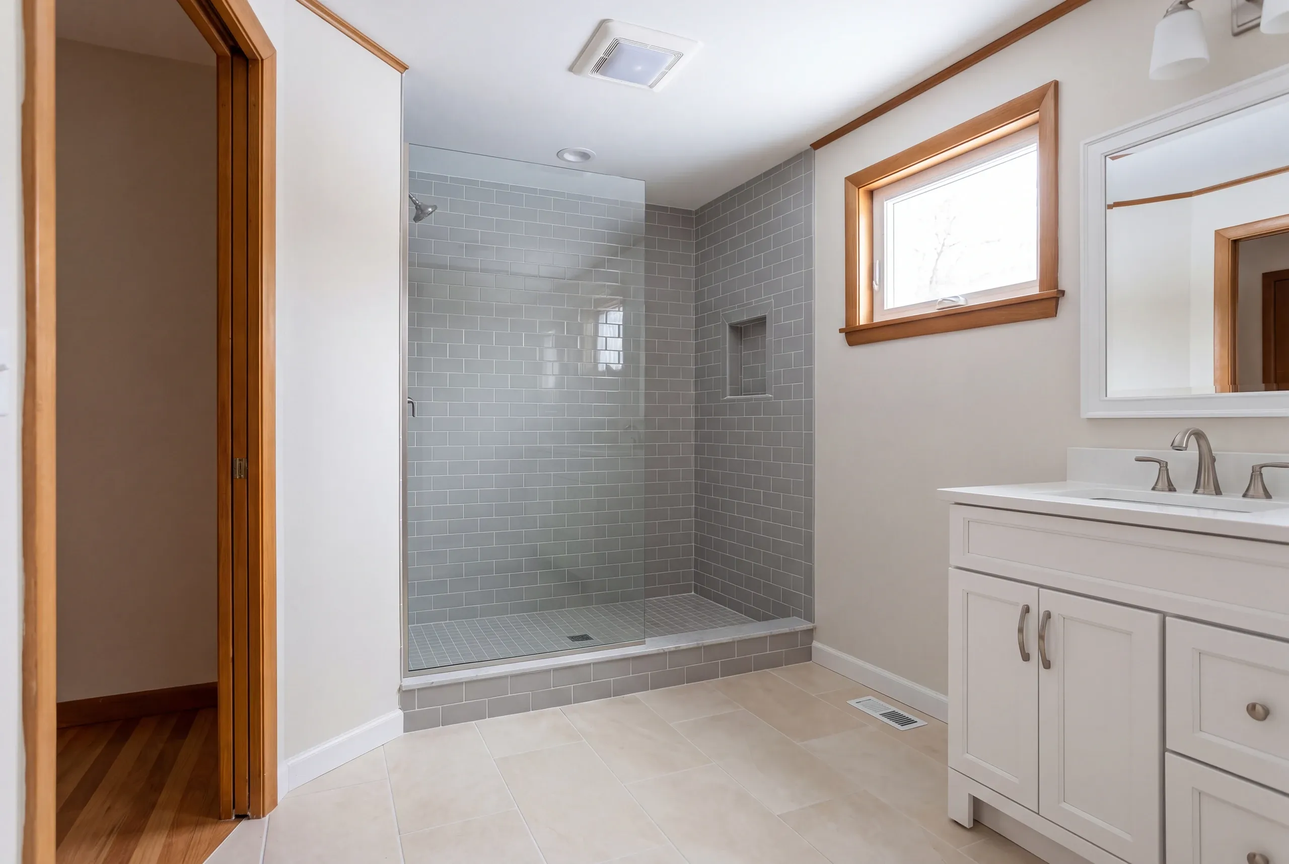 Winslow ranch bathroom stripped to studs with the tub removed