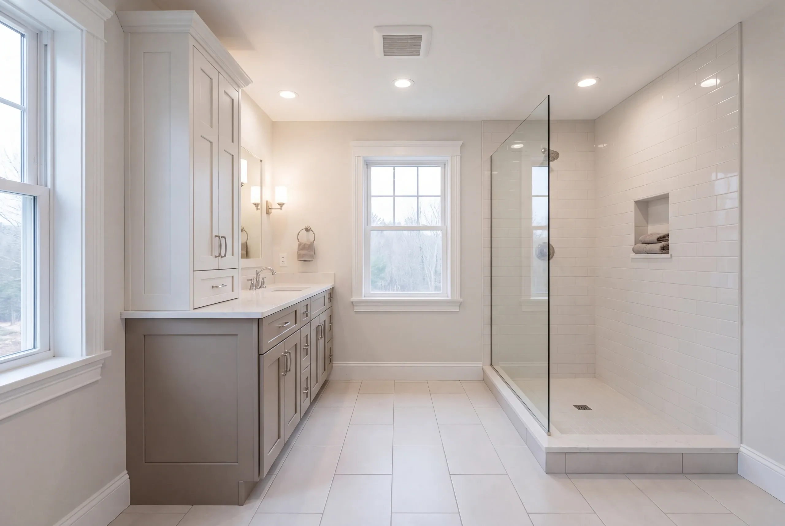 Finished Winslow bathroom with the vanity and tiled shower in view