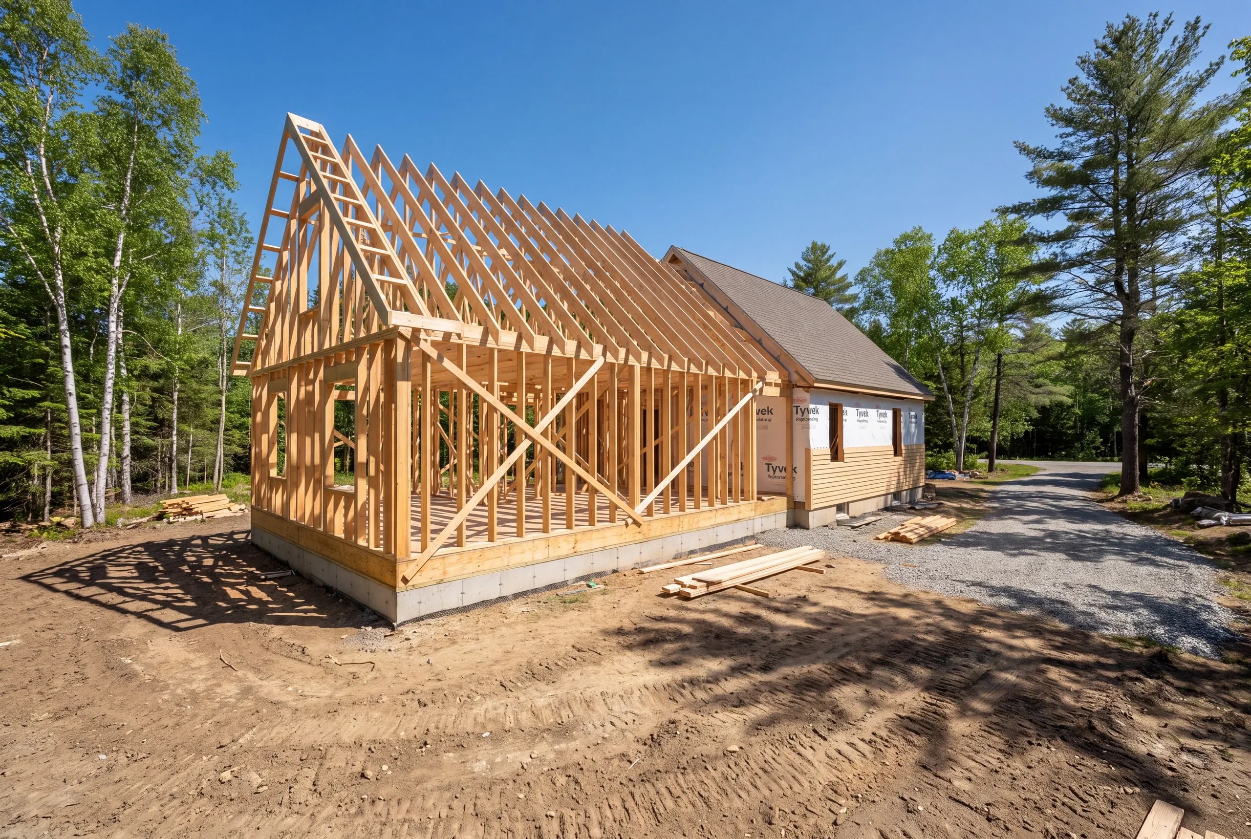 Newman Homes crew framing on a Central Maine site