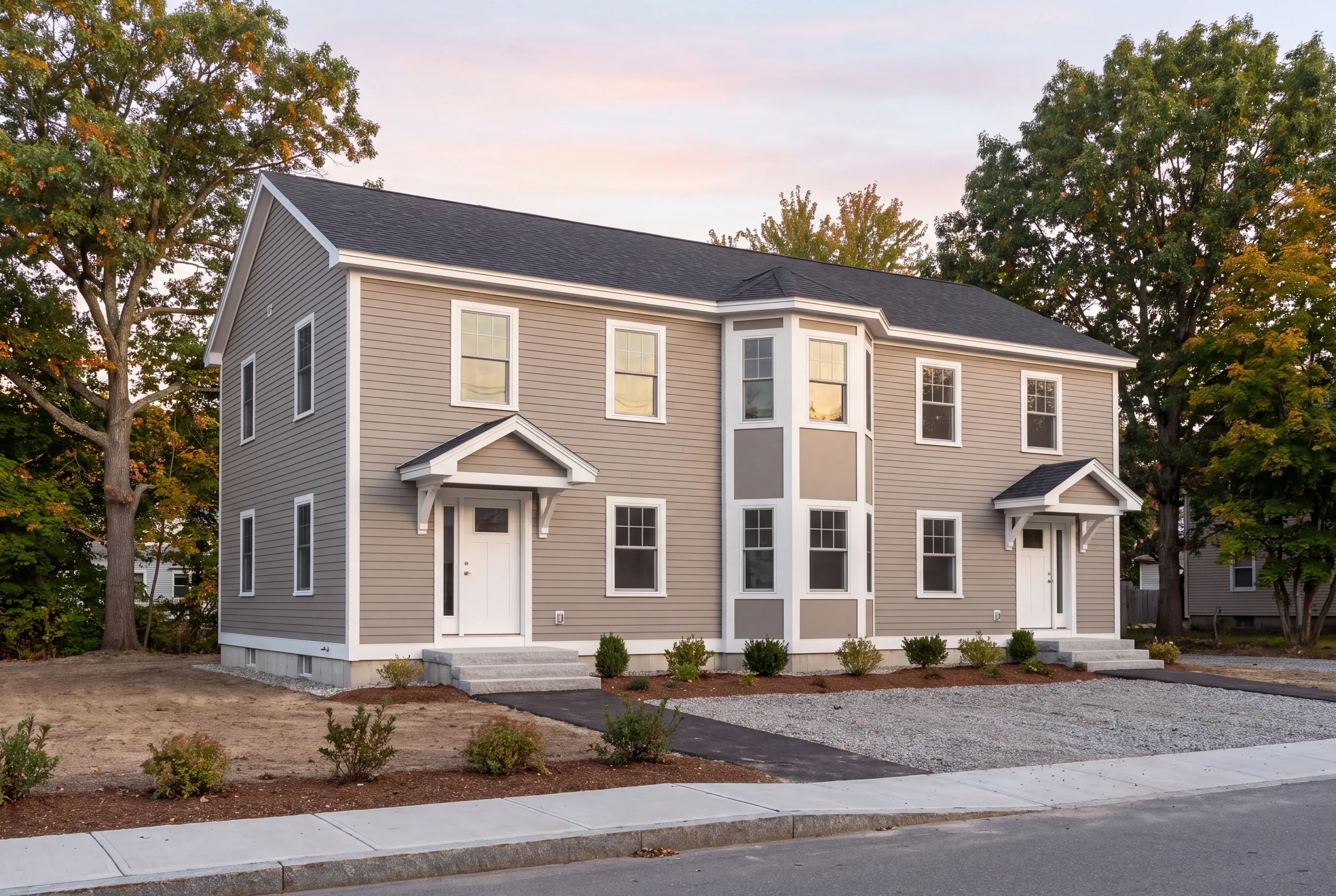 Completed duplex on an infill lot in Augusta with separate entries
